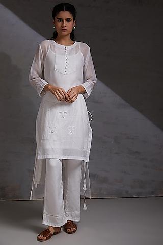 white embroidered high-low kurta set