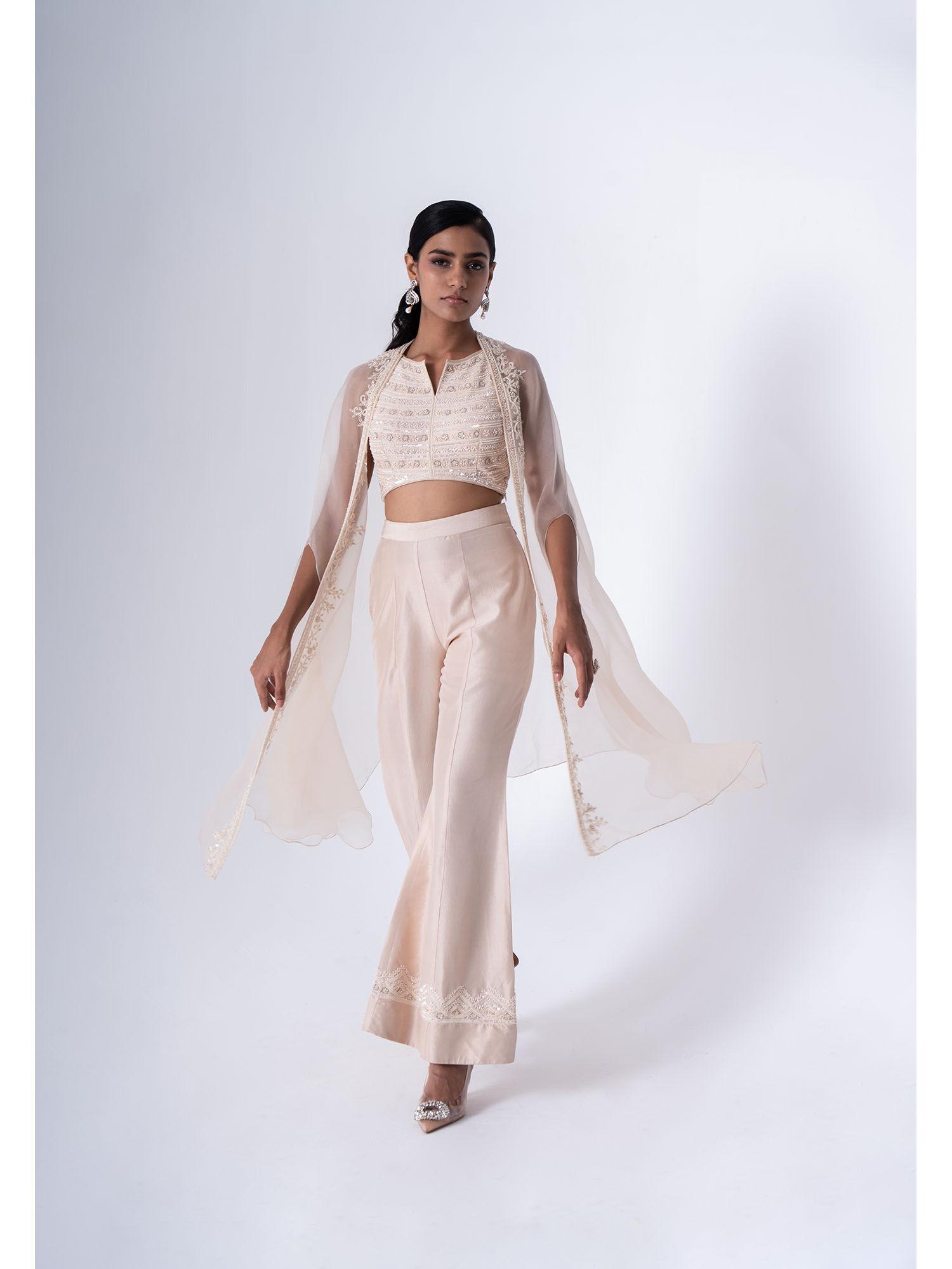 white embroidered jacket with crop top & pant (set of 3)
