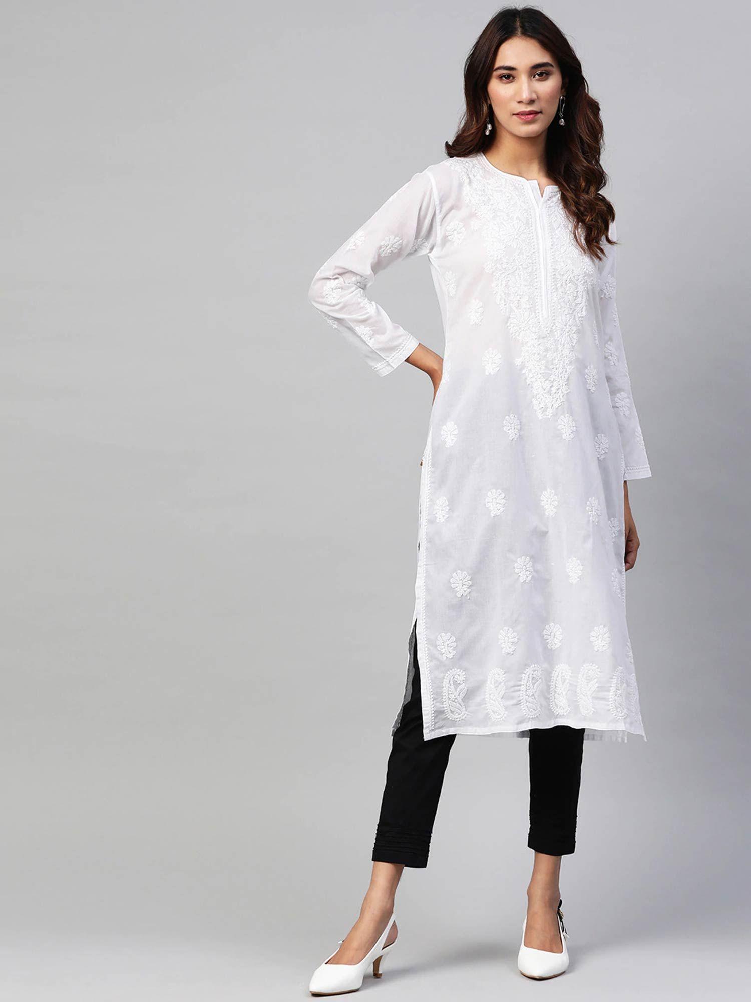 white embroidered kurta and pant (set of 2) (xs) (a811166)