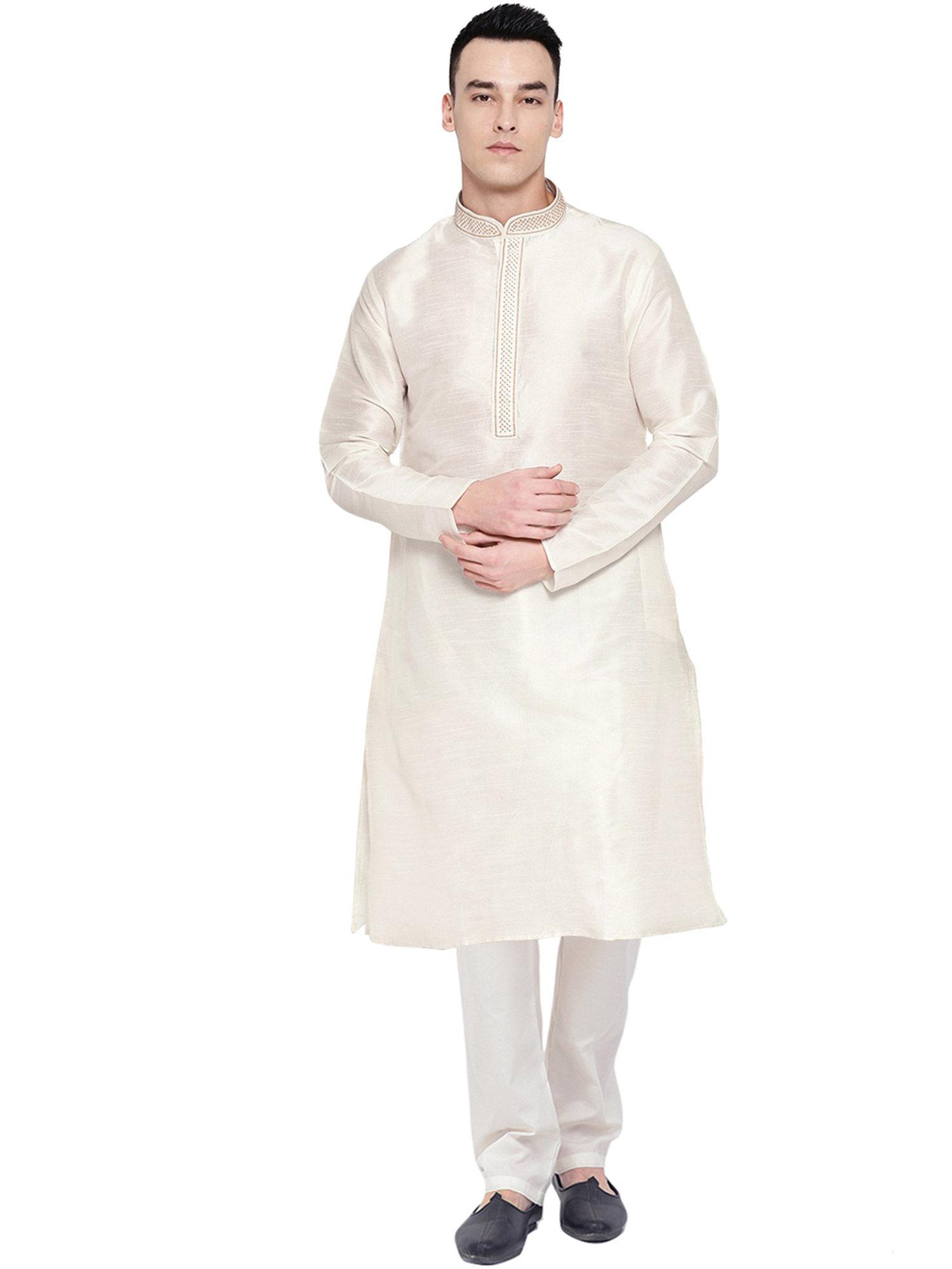 white embroidered kurta for men (set of 2)