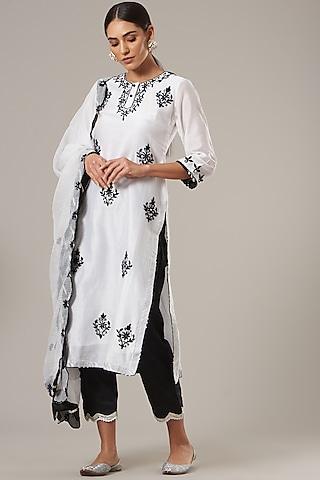 white embroidered kurta set