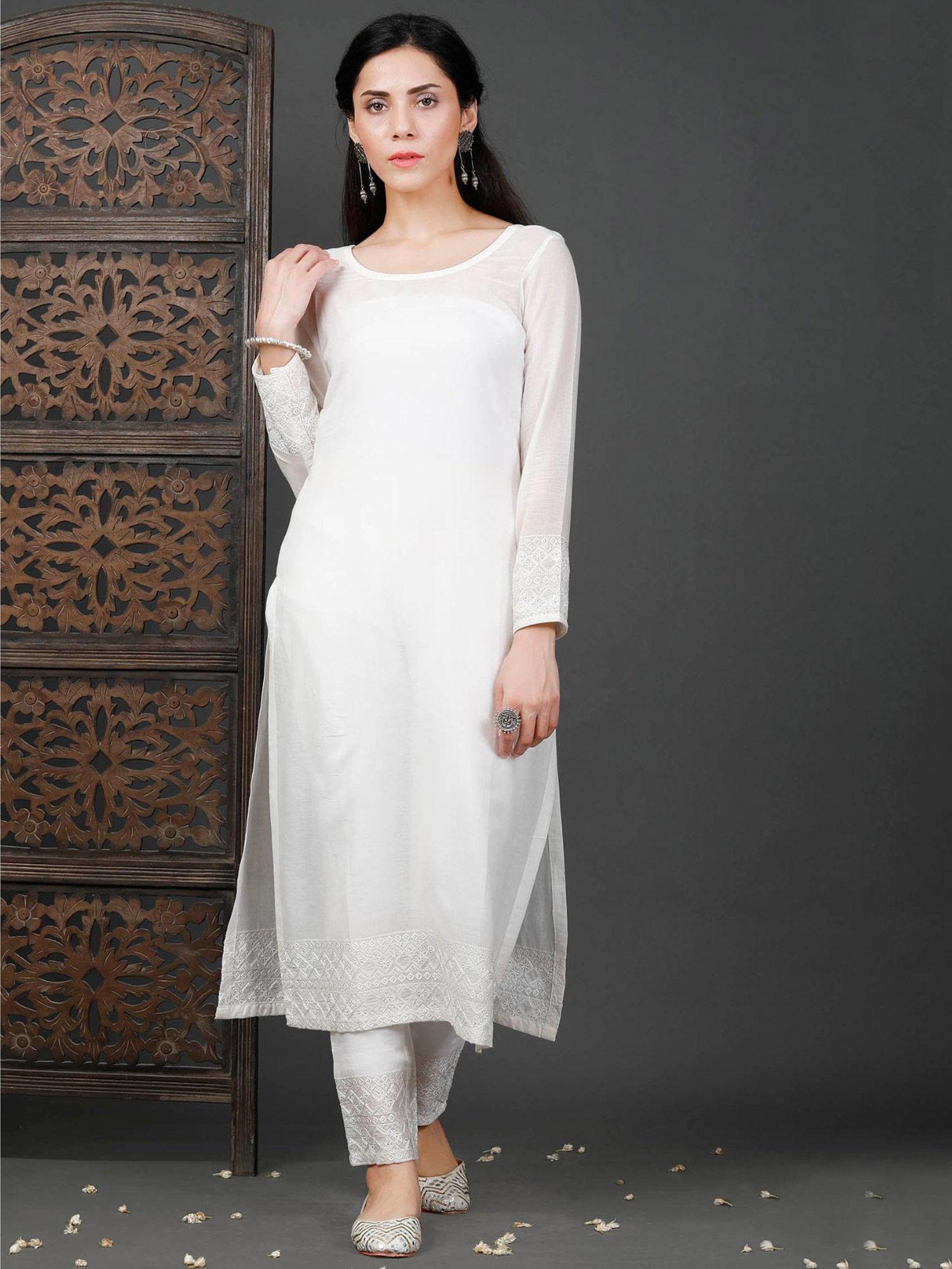 white embroidered kurti and white pants (set of 2)