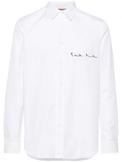 white embroidered logo shirt