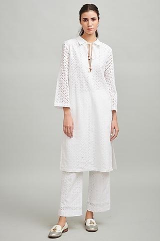 white embroidered long shirt tunic set