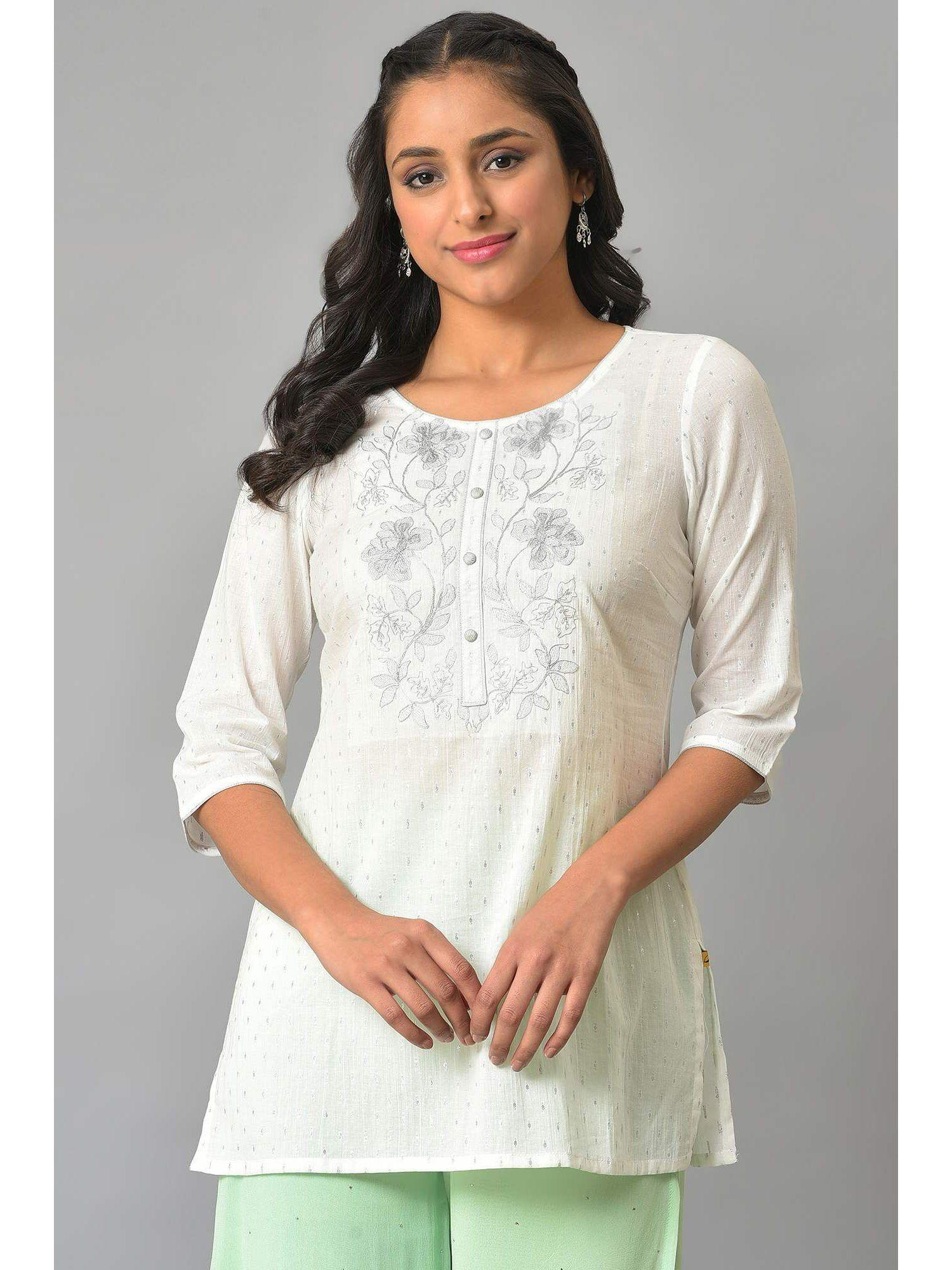 white embroidered lurex dobby kurti