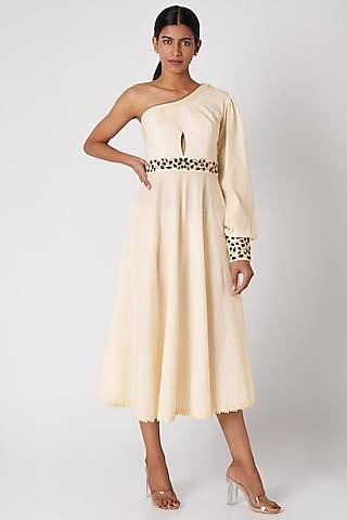 white embroidered one shoulder dress