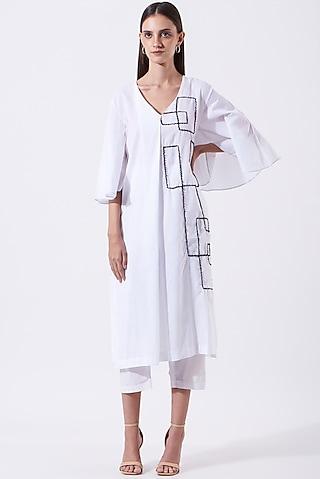 white embroidered pleated kurta set