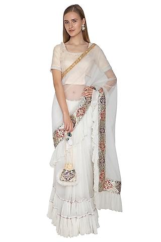 white embroidered pre-draped & ruffled saree set