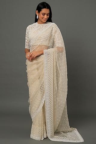 white embroidered saree set