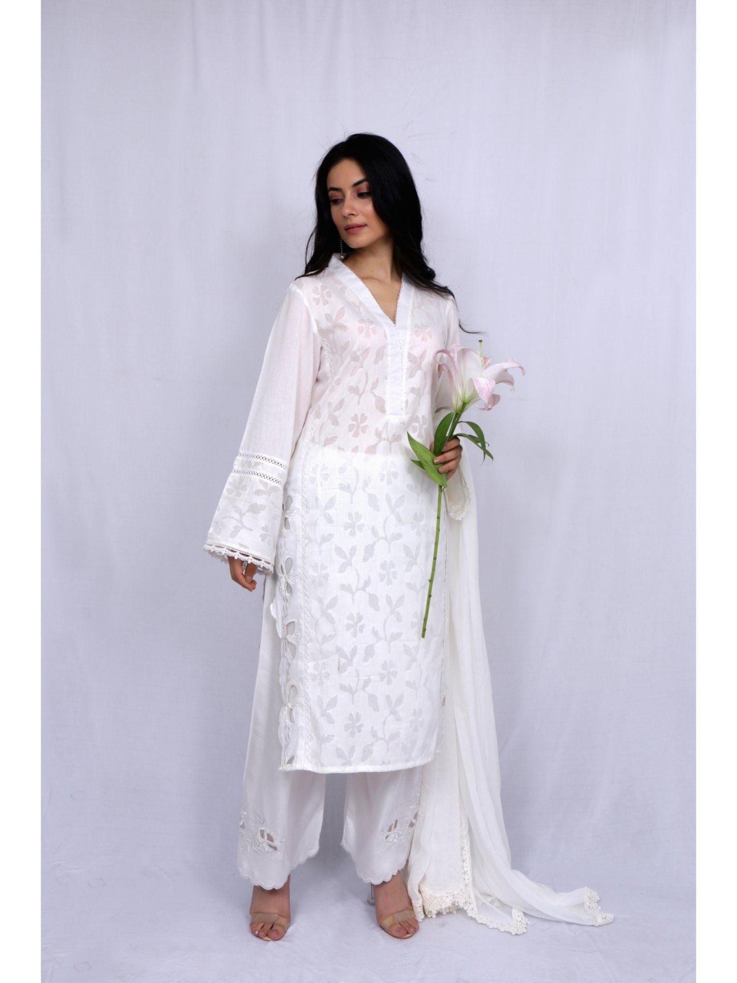 white embroidered self panel suit