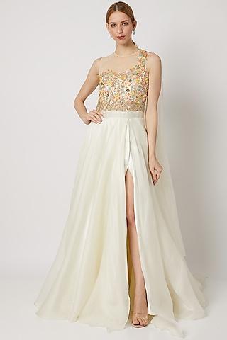 white embroidered slit gown with drape