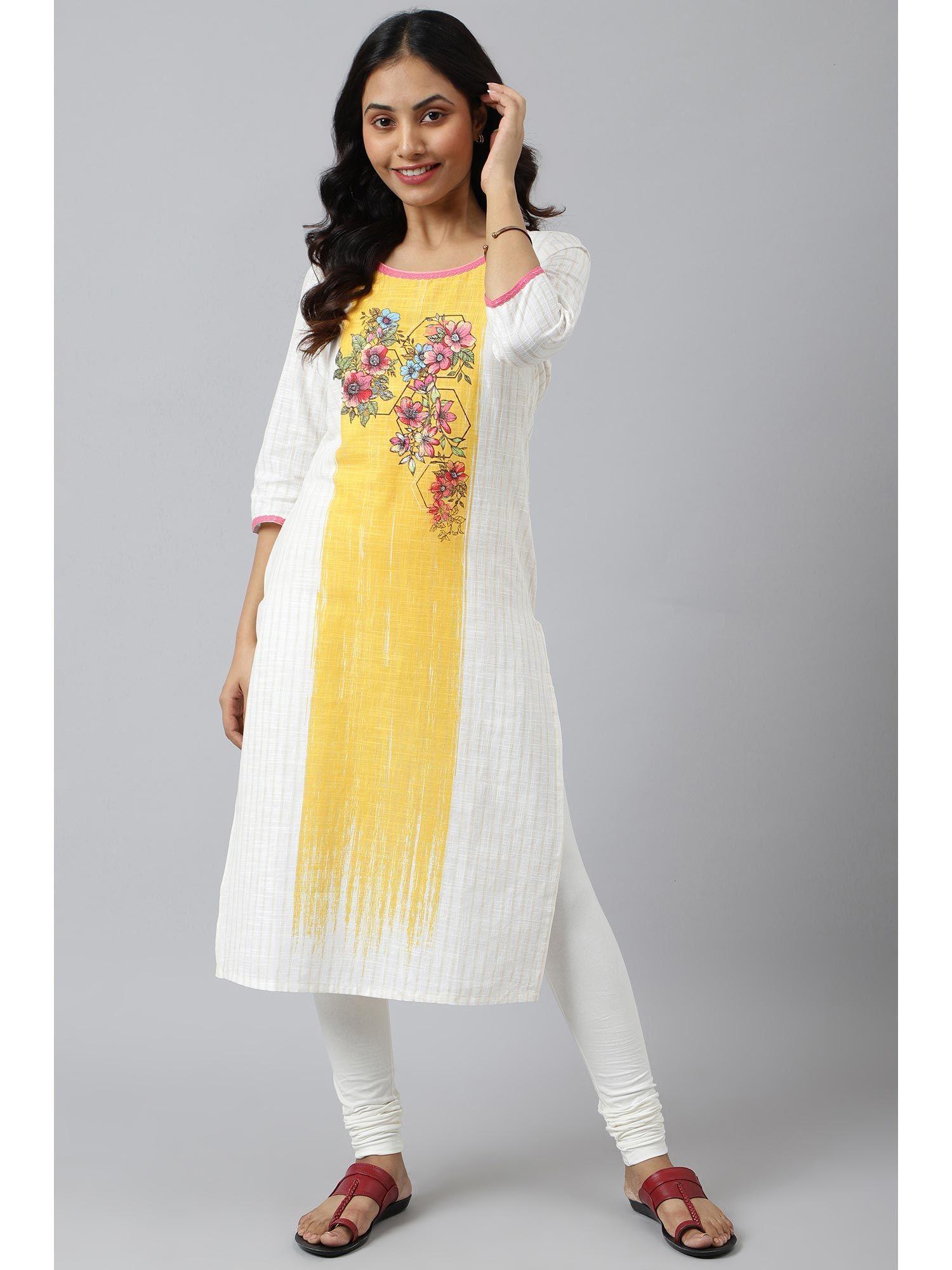 white ethnic kurta with yellow & pink placement print