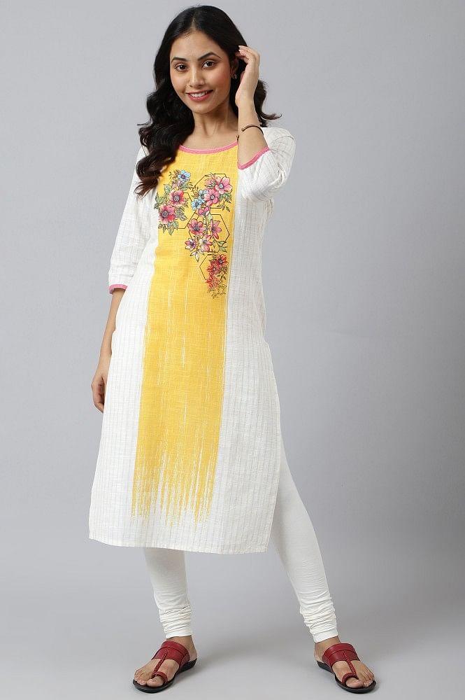 white ethnic kurta with yellow & pink placement print