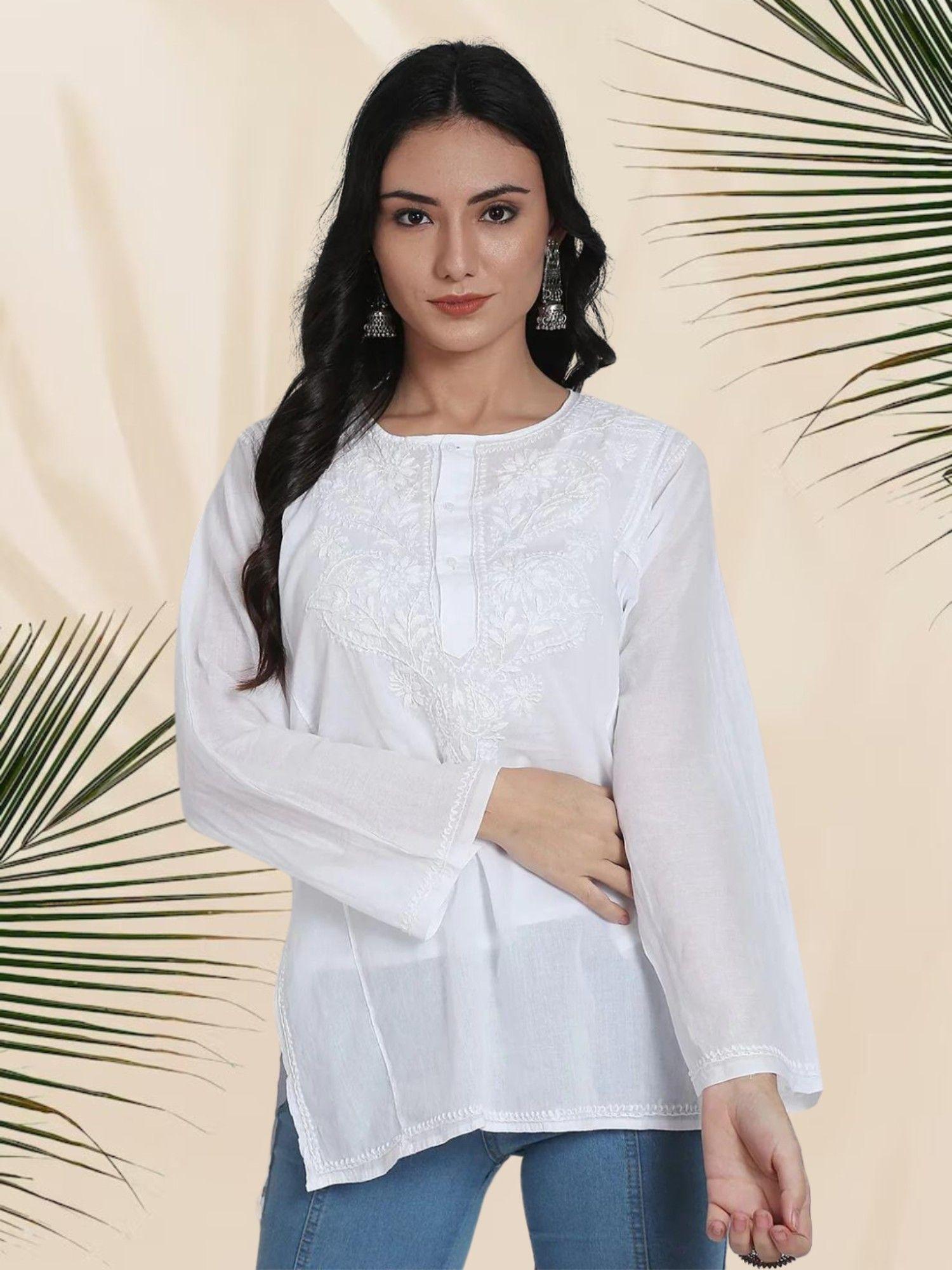 white ethnic motifs embroidered chikankari cotton panelled sustainable tunic