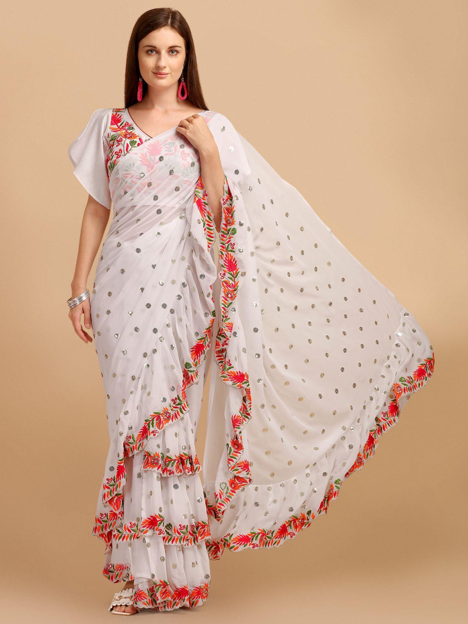 white faux georgette embroidered ruffled saree with unstitched blouse