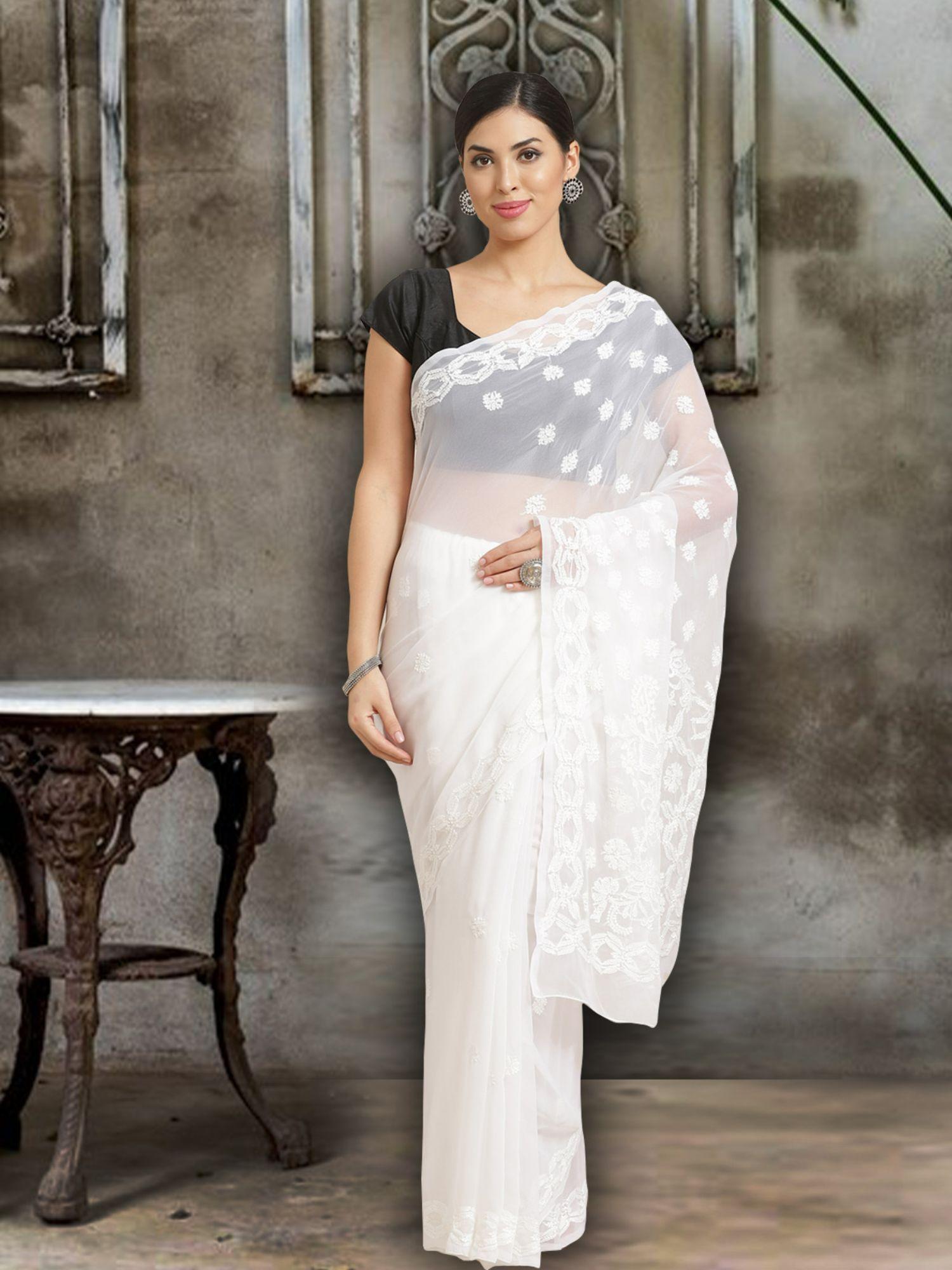 white faux georgette lucknow embroidered chikan saree with unstitched blouse (a191492)