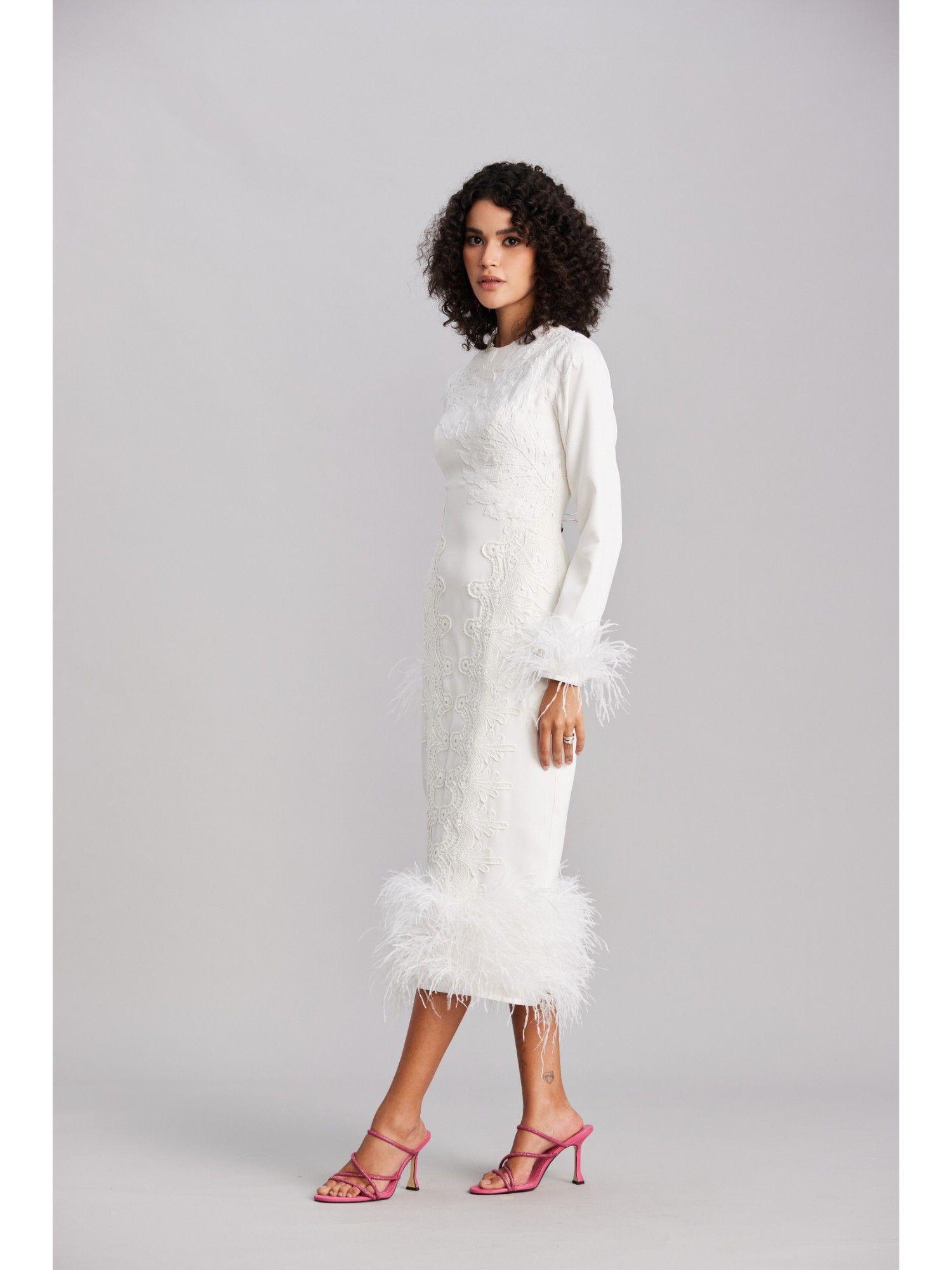 white feather & lace bodycon midi