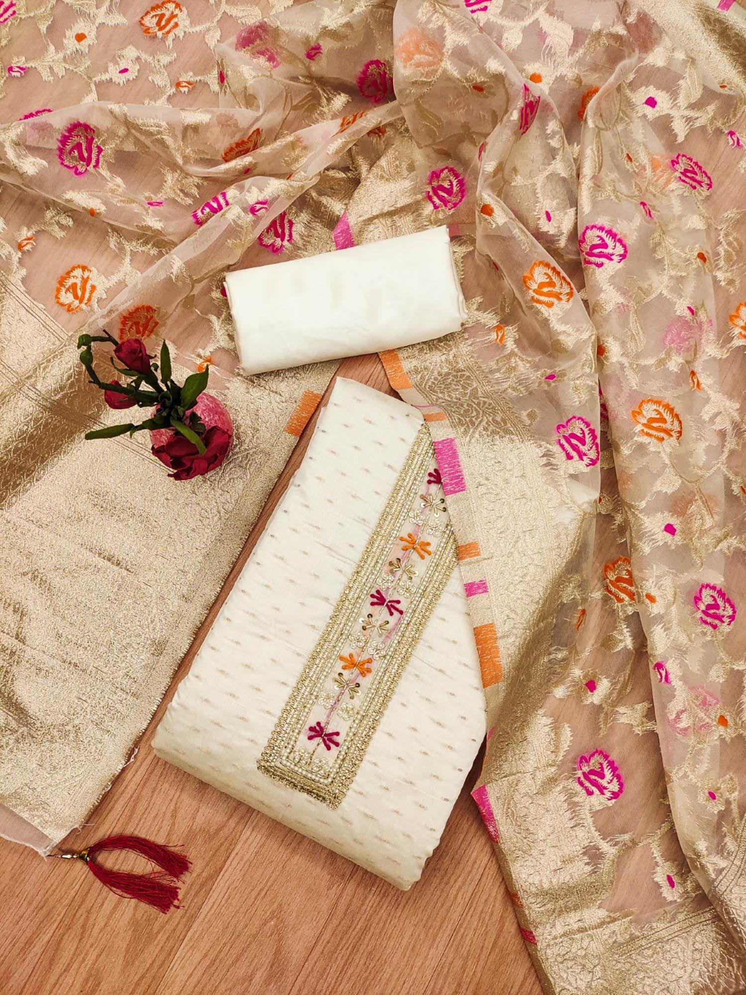 white festive brocade with banarasi dupatta unstitched dress material (set of 3)