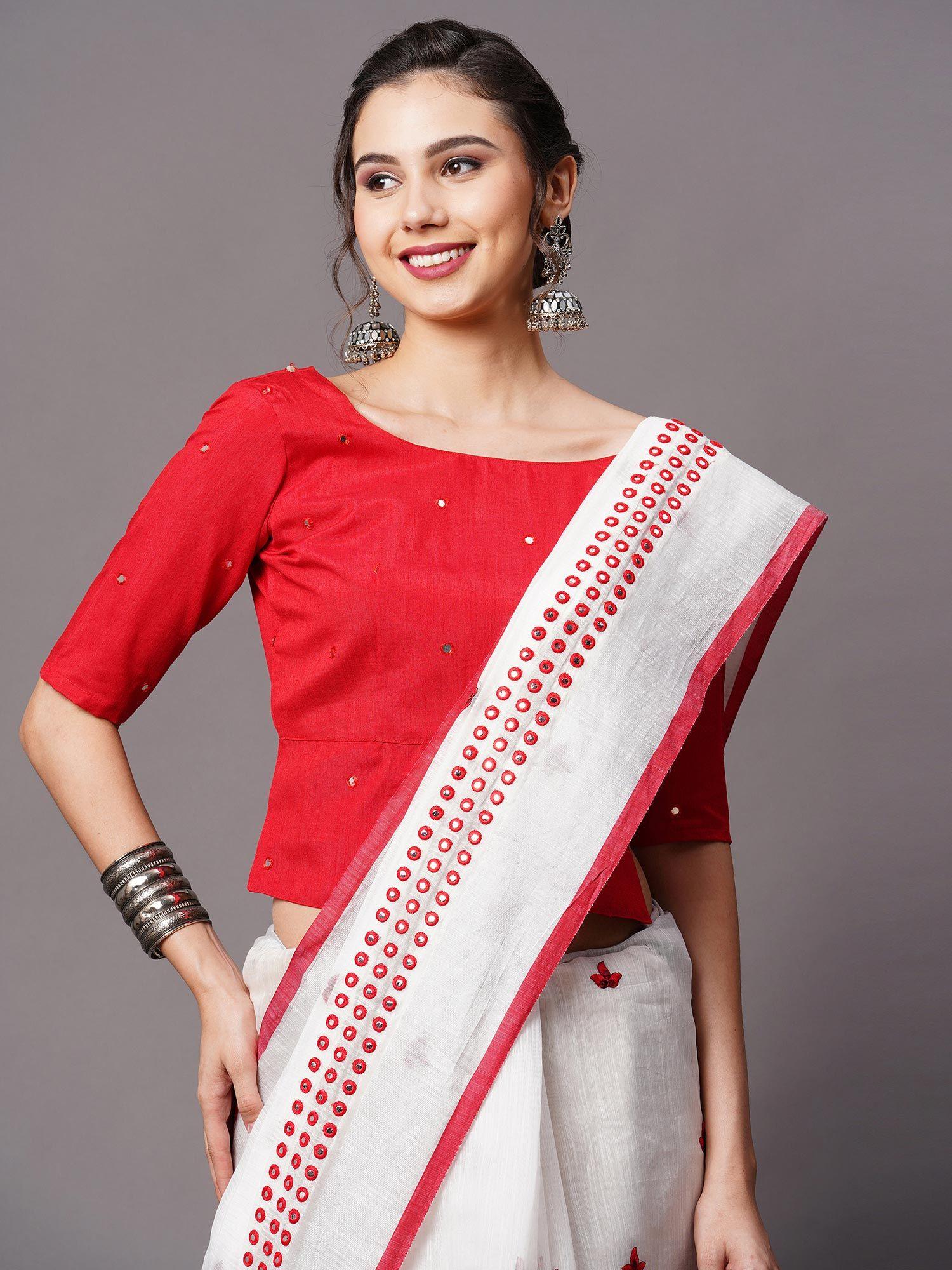 white festive linen blend embelished saree with unstitched
