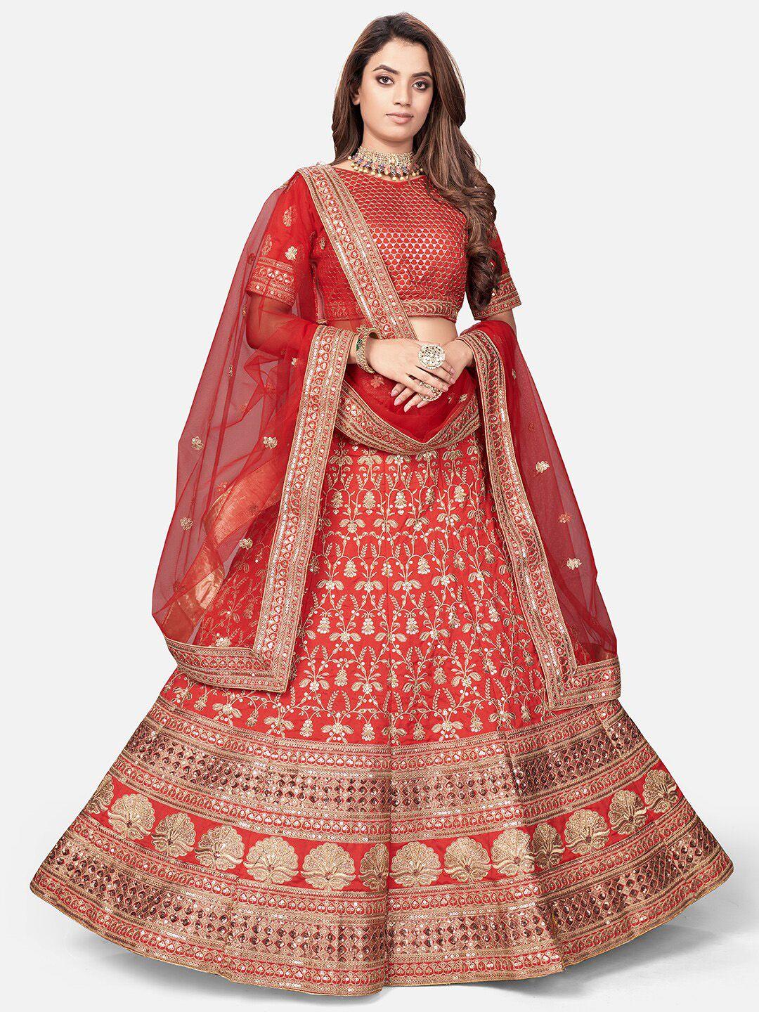 white fire women red embroidered beads and stones semi-stitched lehenga choli & dupatta