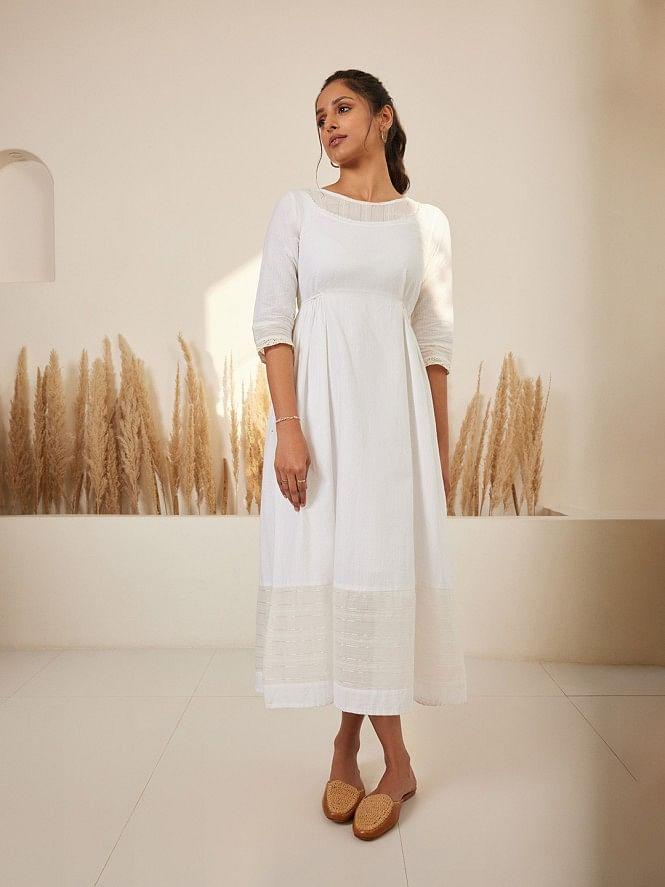 white flared printed modern ethnic dress