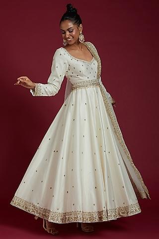 white flat chiffon embroidered anarkali set