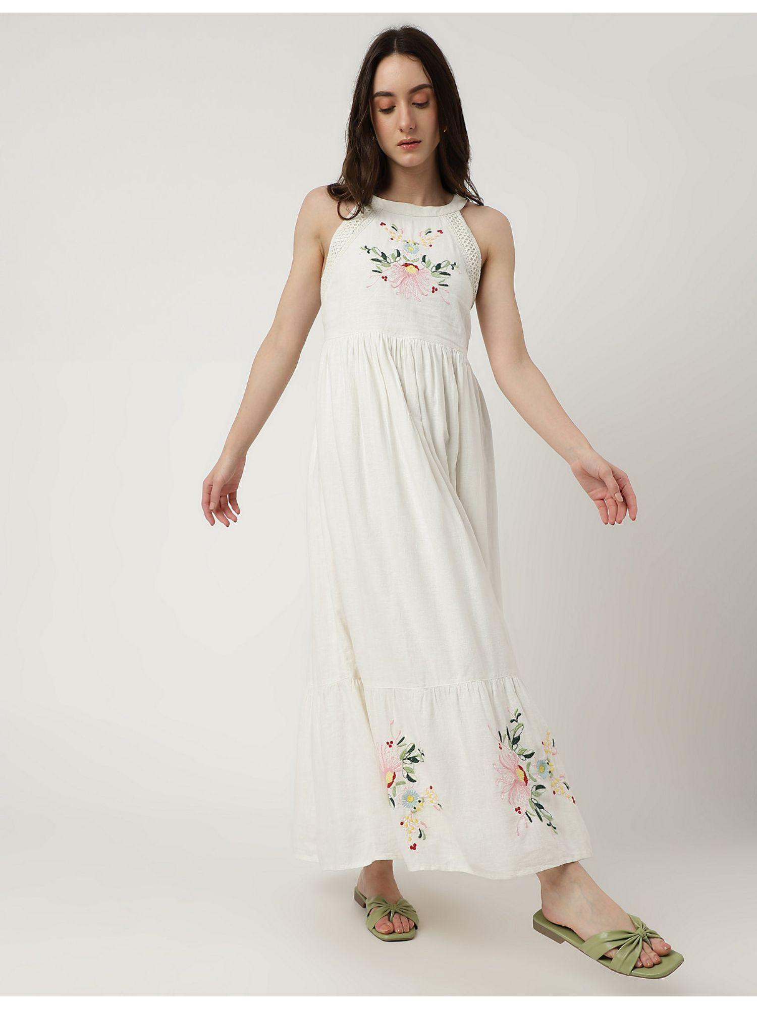 white flax mix embroidery halter neck dress