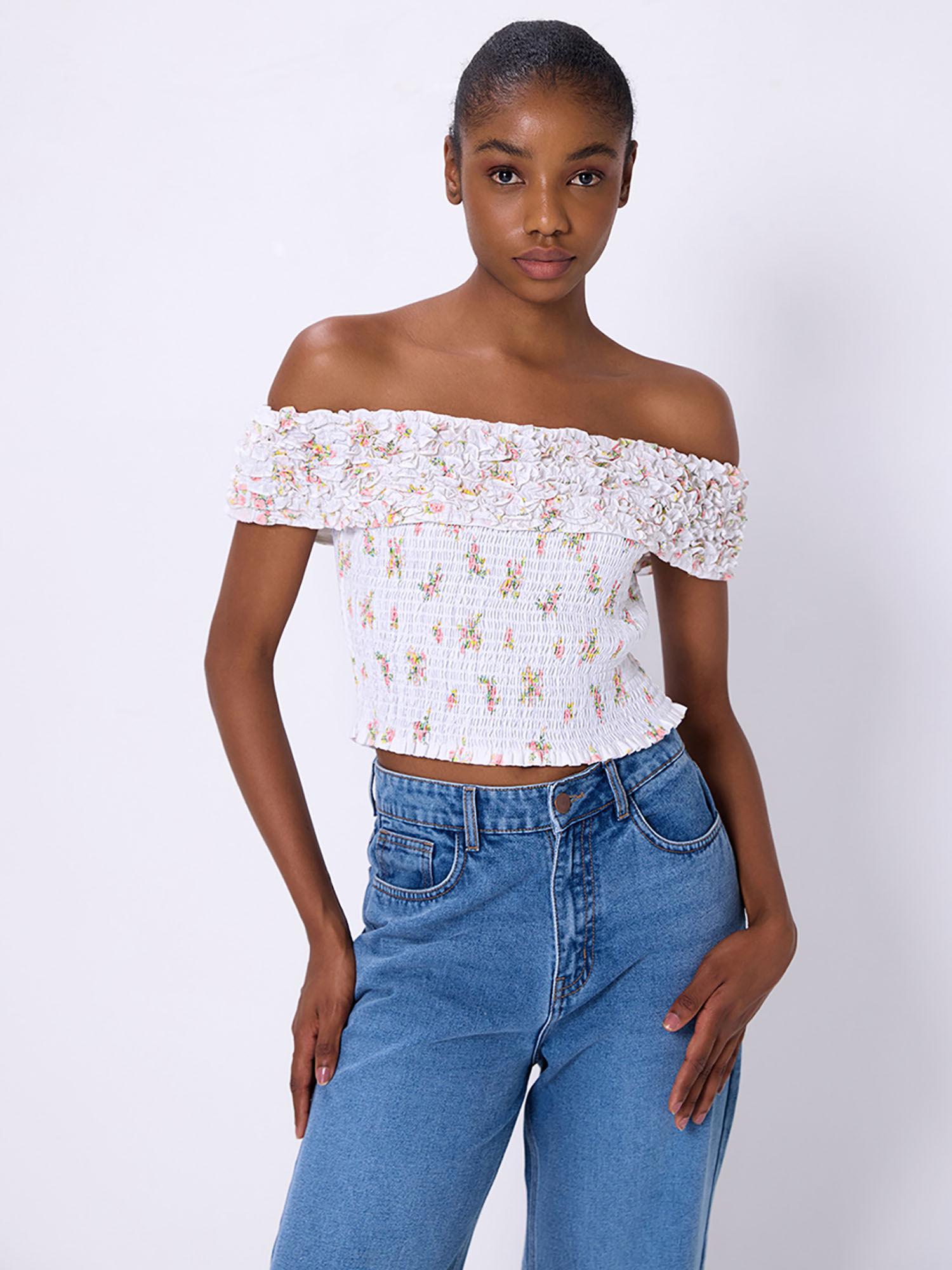 white floral bardot crop top