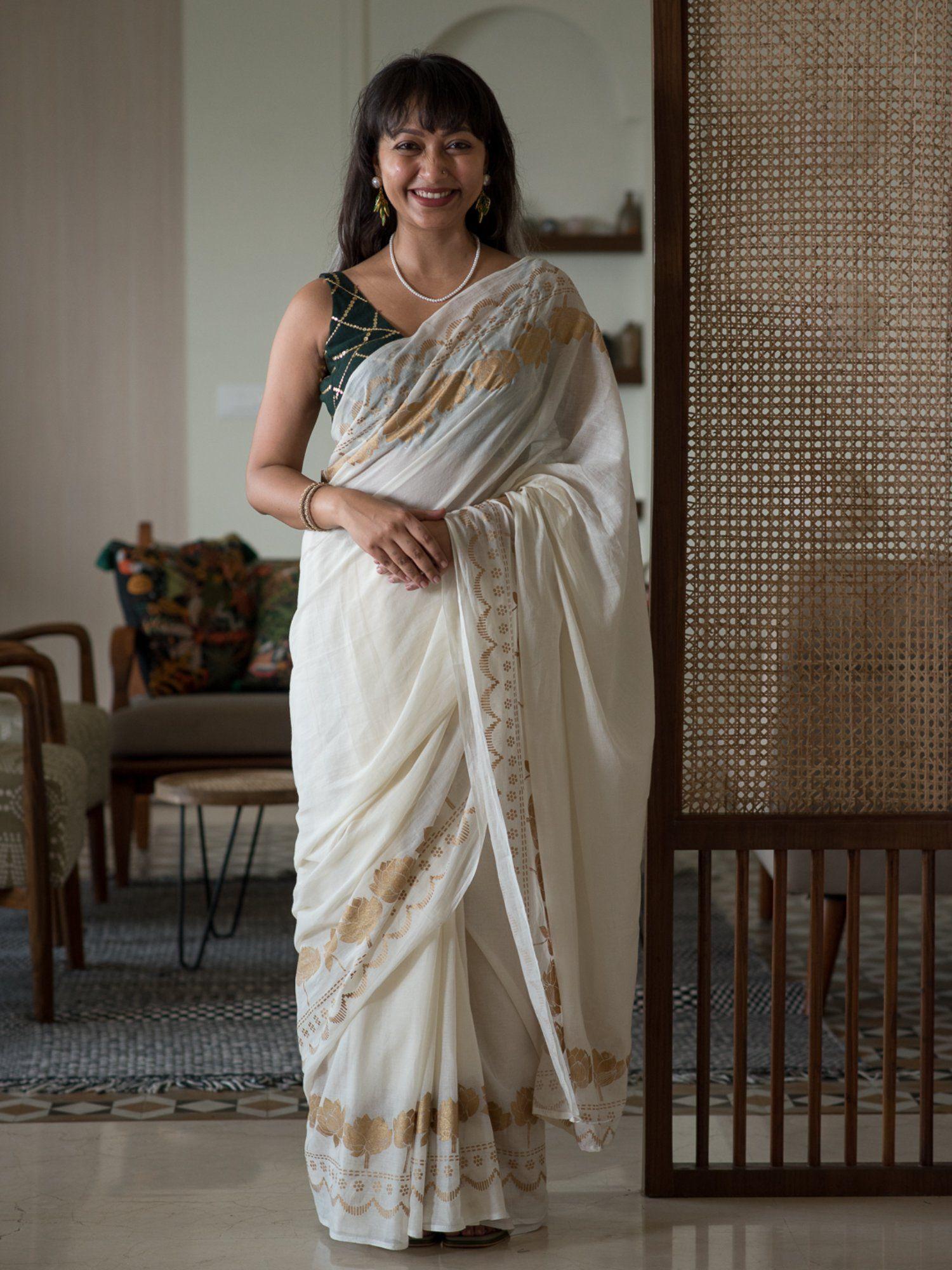 white floral cotton blend saree without blouse