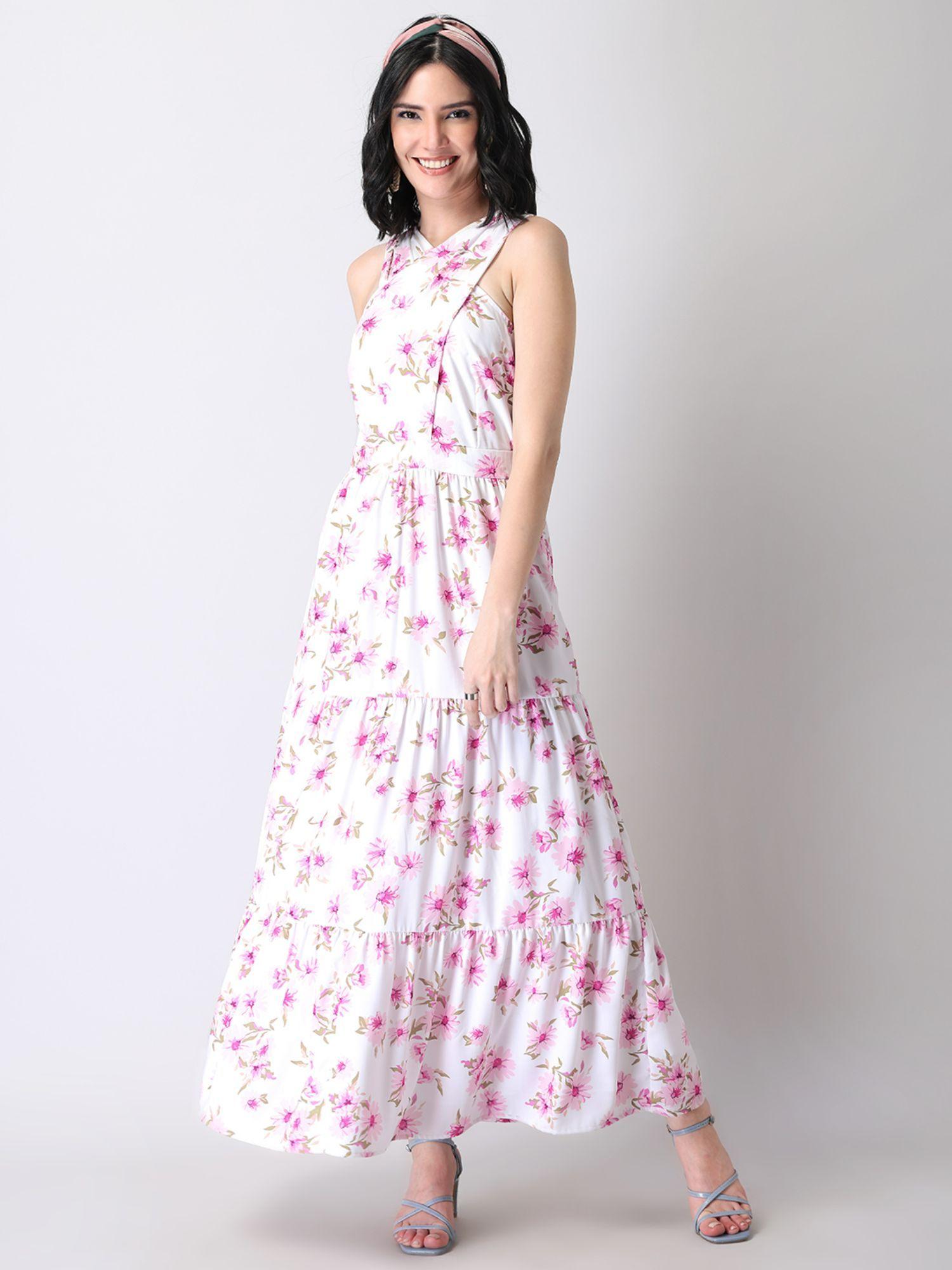 white floral criss cross tiered maxi dress