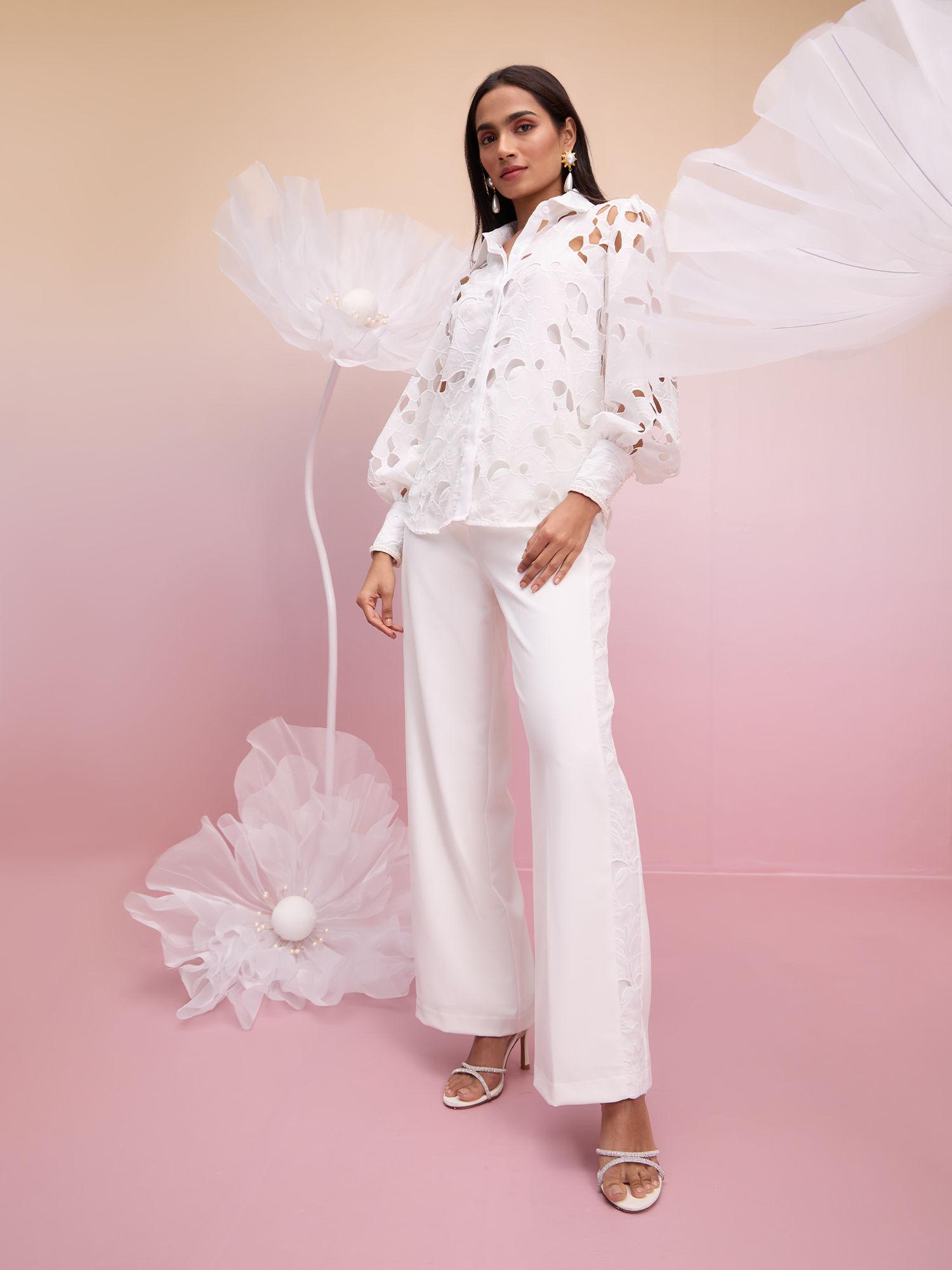 white floral cutwork pearl full sleeves shirt