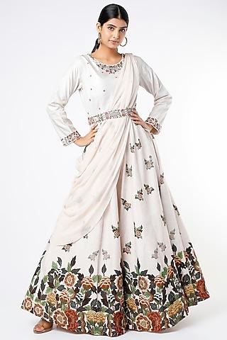 white floral embroidered gown with draped dupatta