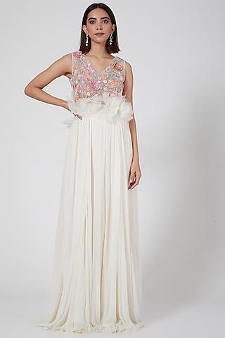 white floral embroidered pleated gown