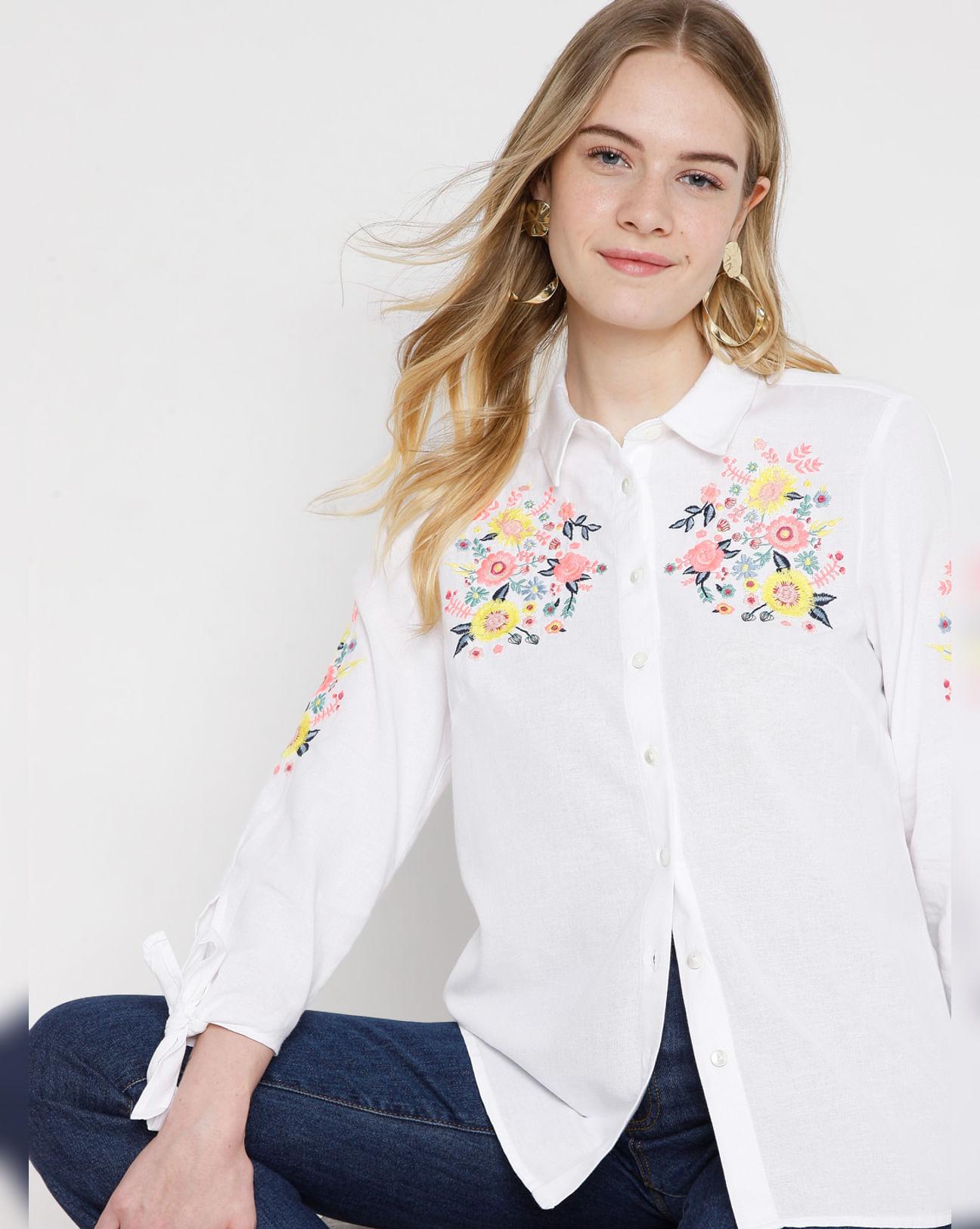 white floral embroidered shirt