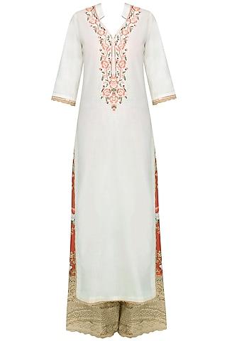 white floral embroidered straight kurta set with floral broad pants