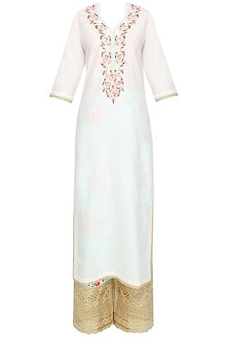 white floral embroidered straight kurta with blue floral broad pants