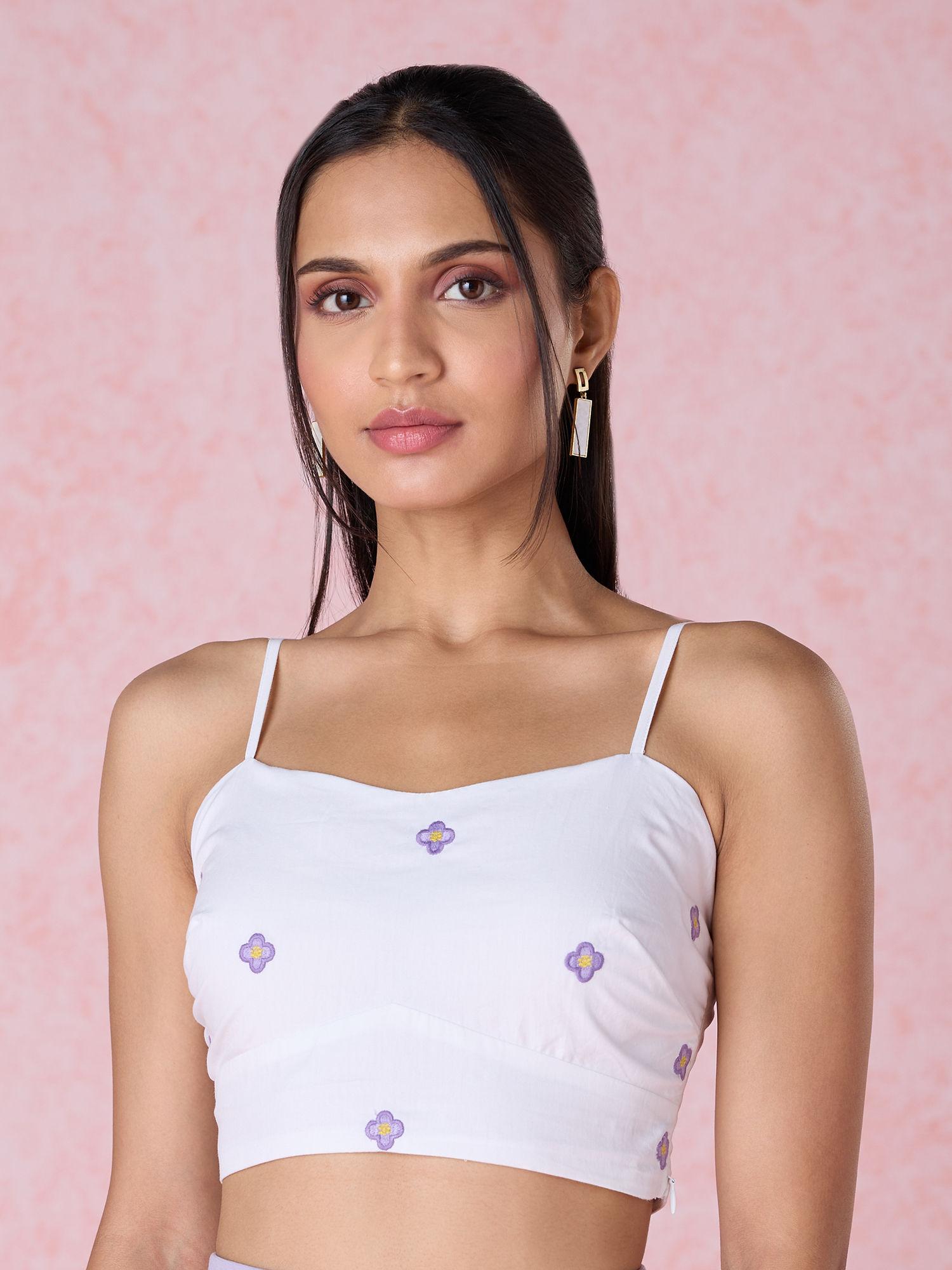 white floral embroidered sweetheart neck crop top