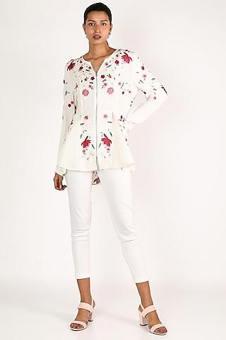 white floral embroidered top with zipper