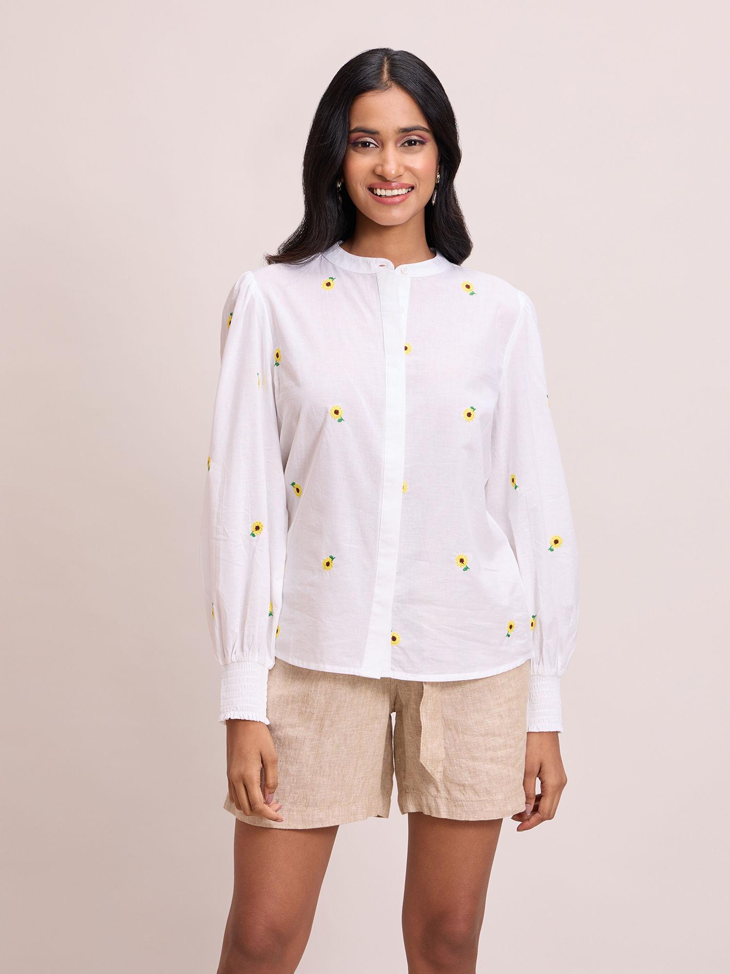 white floral embroidery mandarin collar shirt