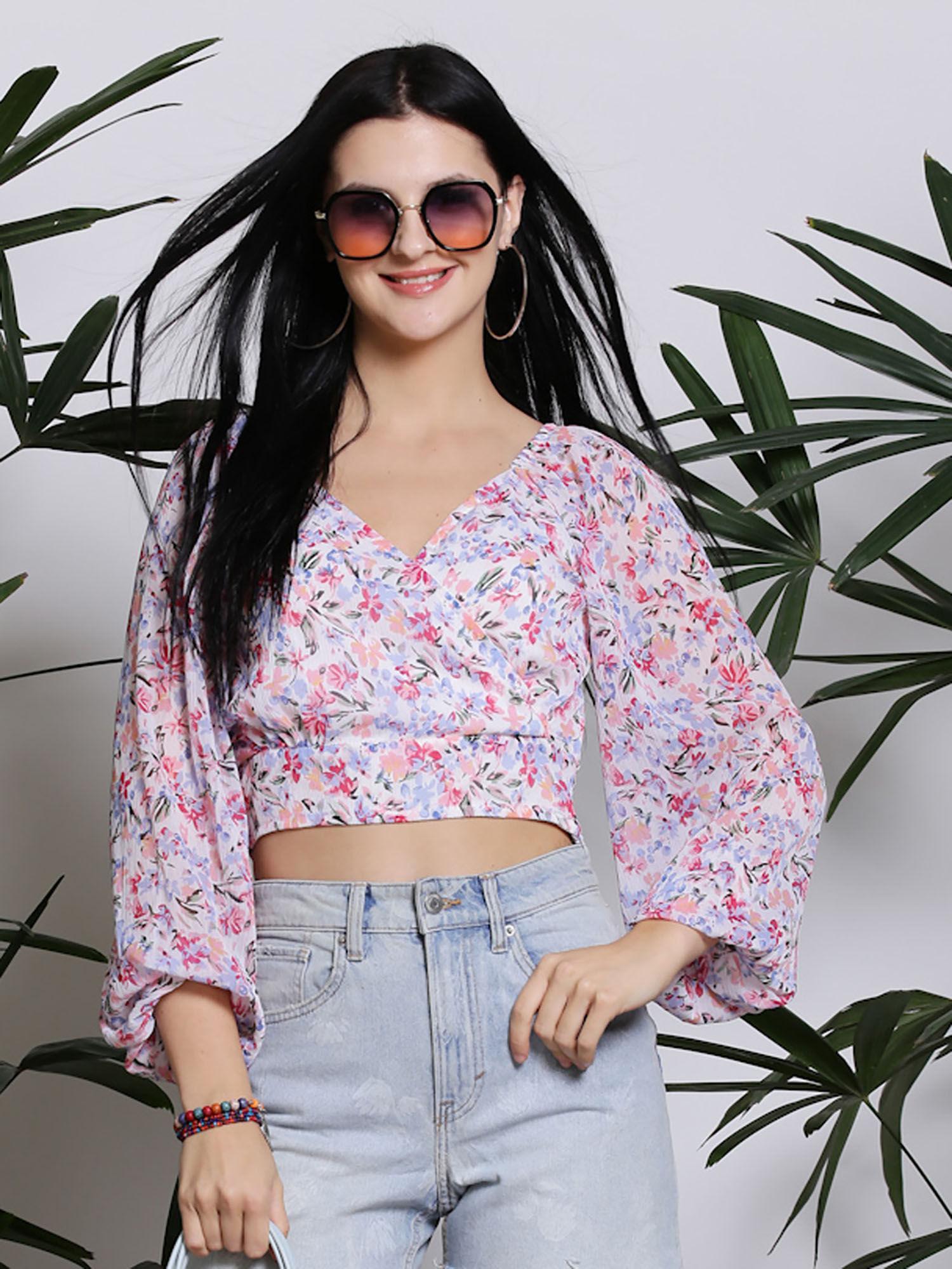 white floral long sleeve wrap crop top