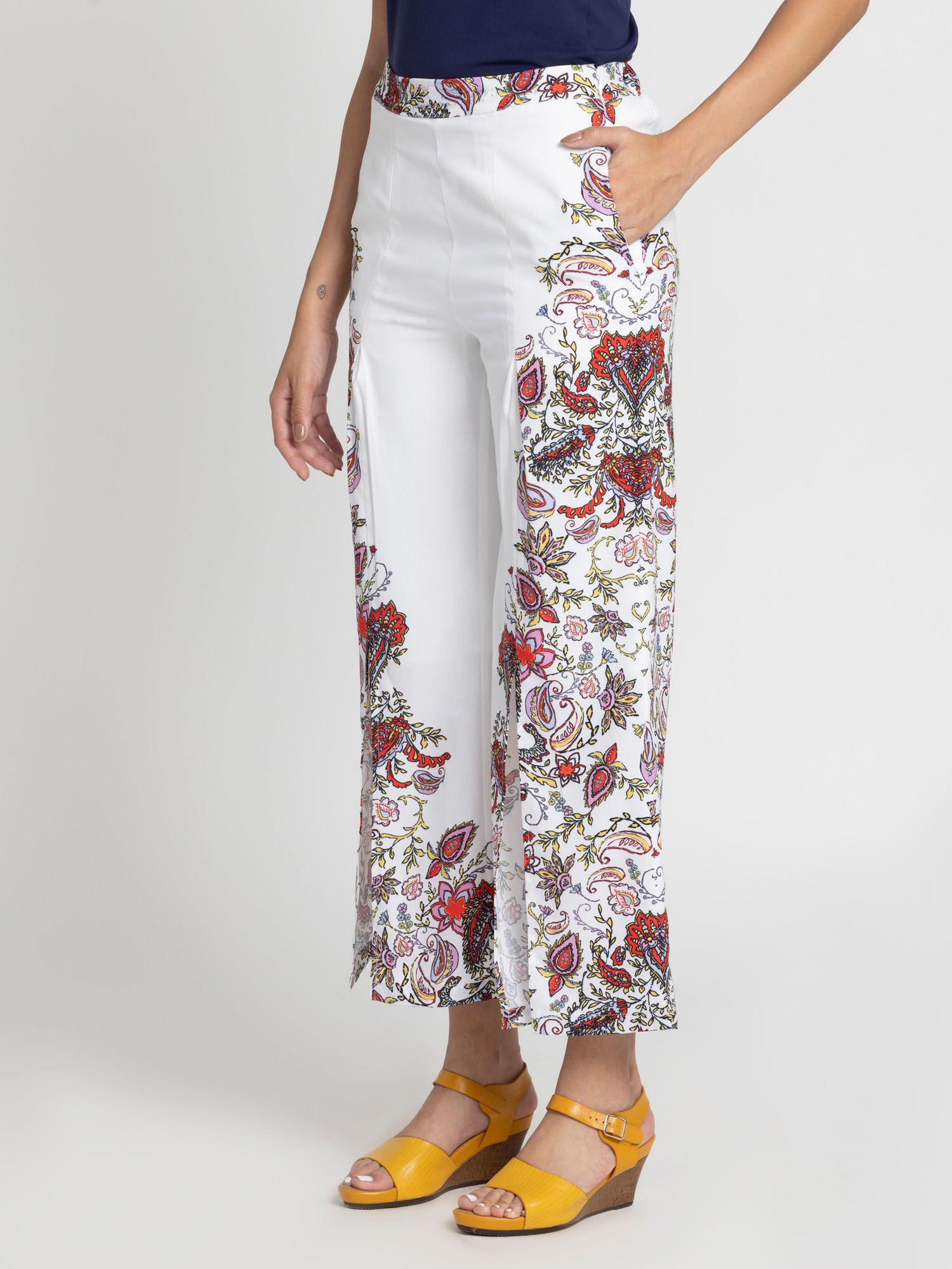 white floral mid-rise casual trousers for women