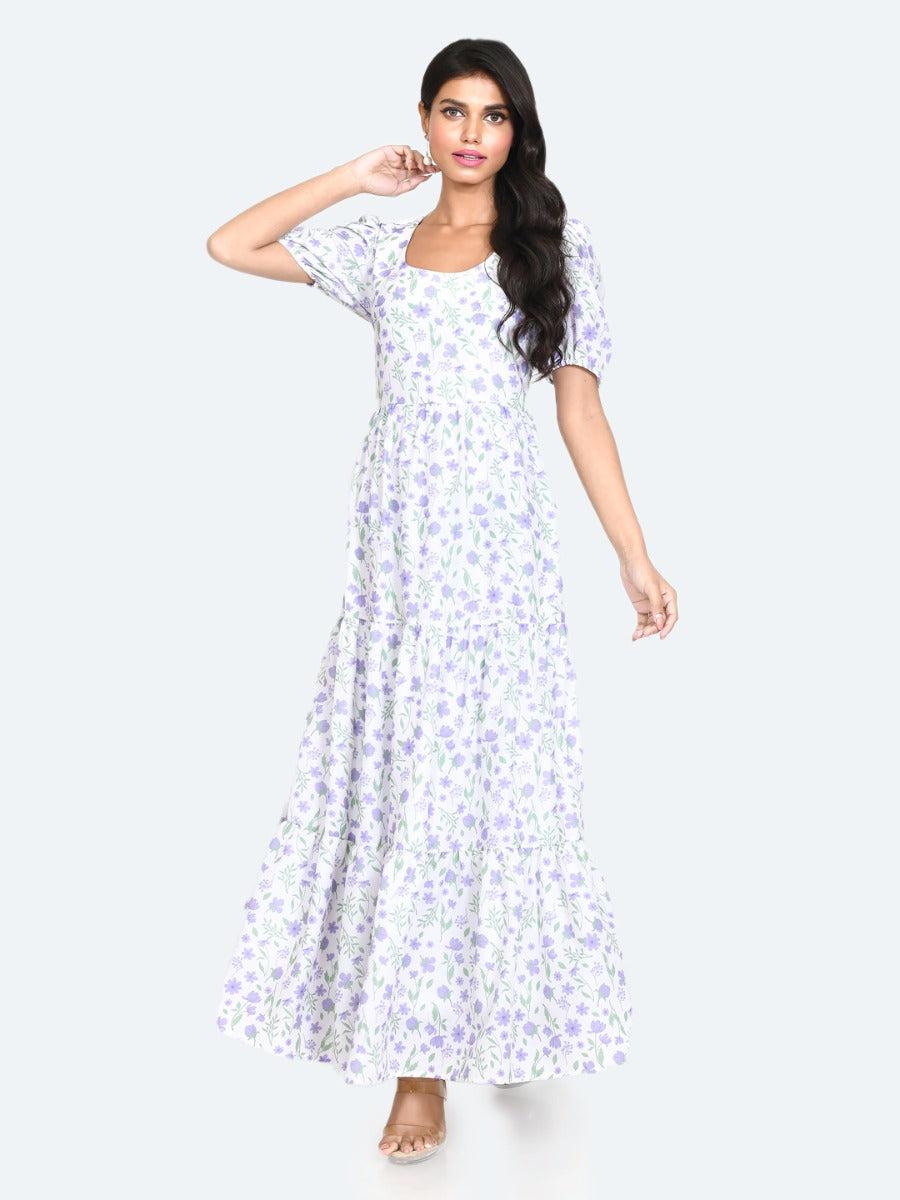white floral print a-line maxi dress for women