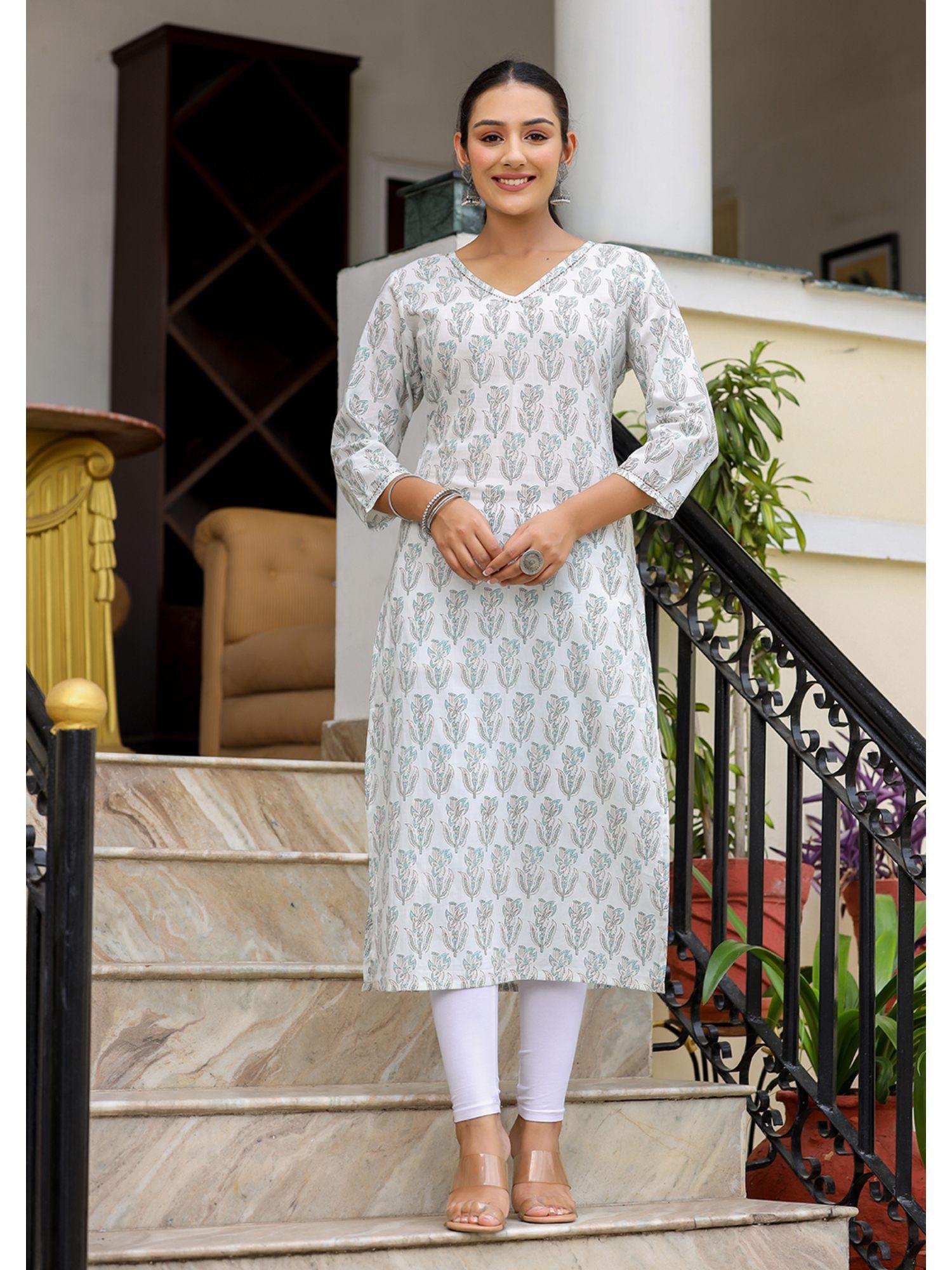 white floral print cotton casual kurta