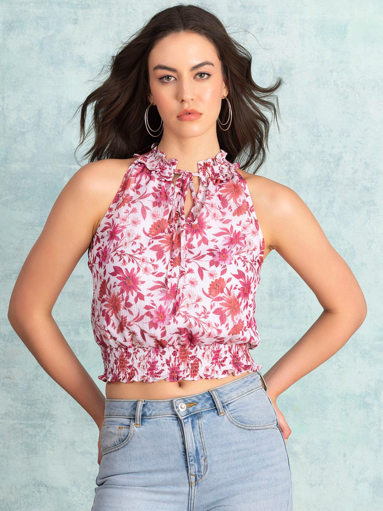 white floral print halter neck blouse