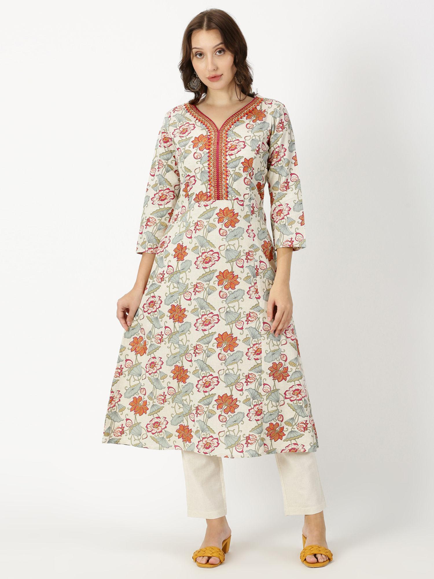 white floral print neck embroidery kurta