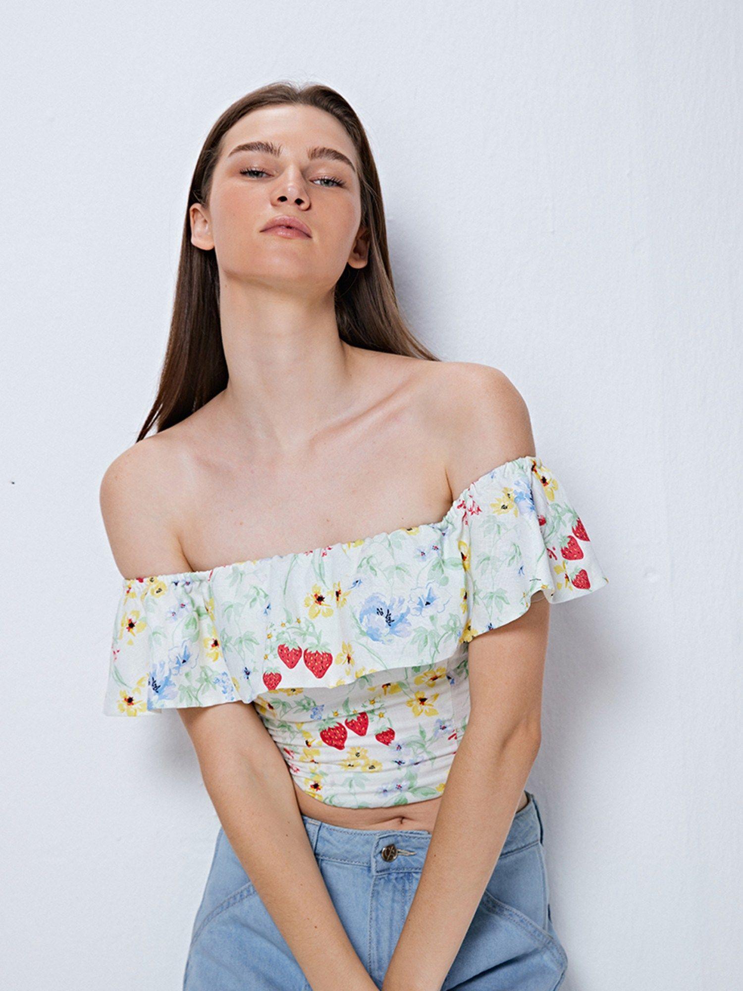 white floral print off shoulder crop top