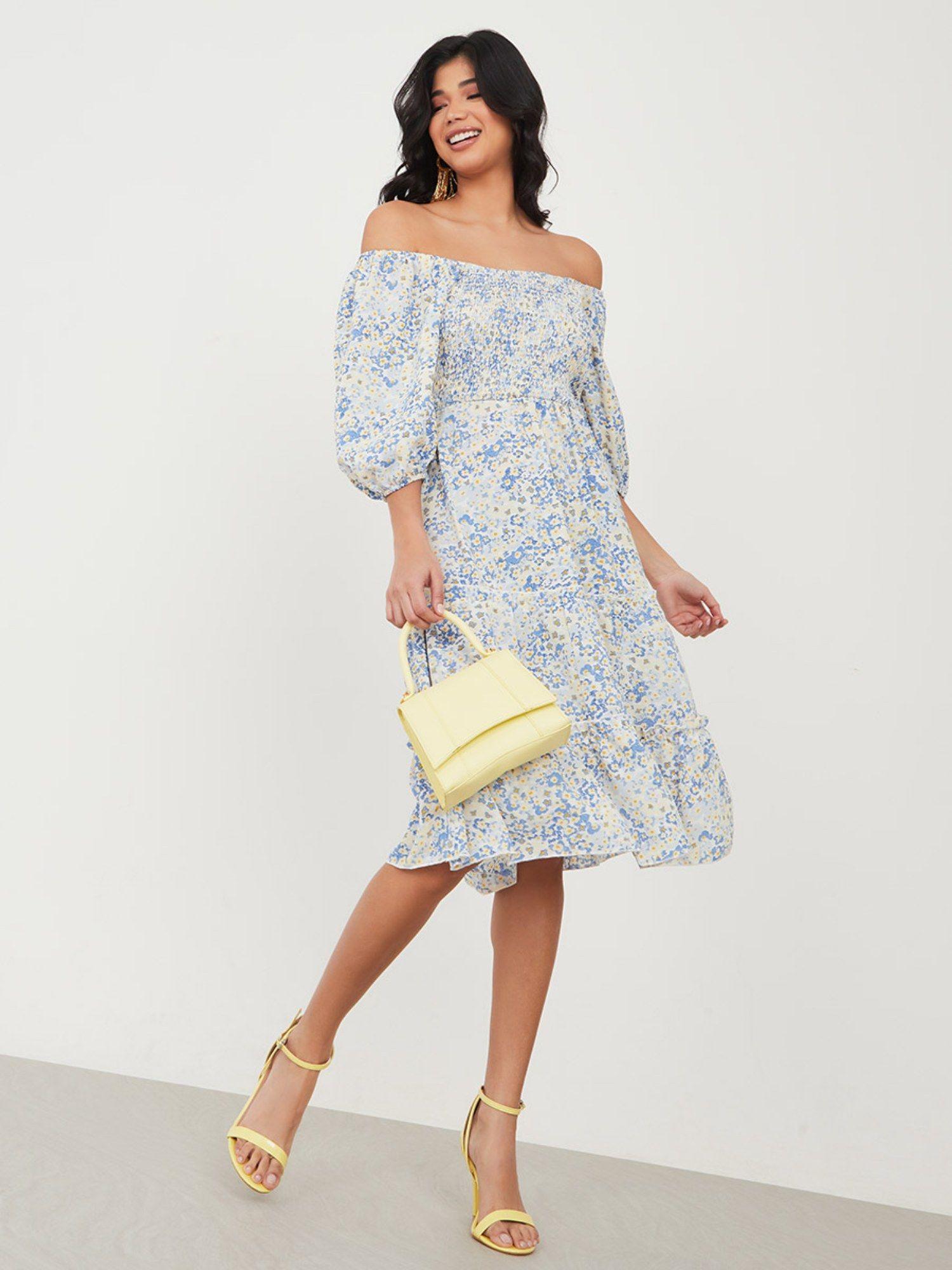 white floral print off-shoulder tiered midi dress