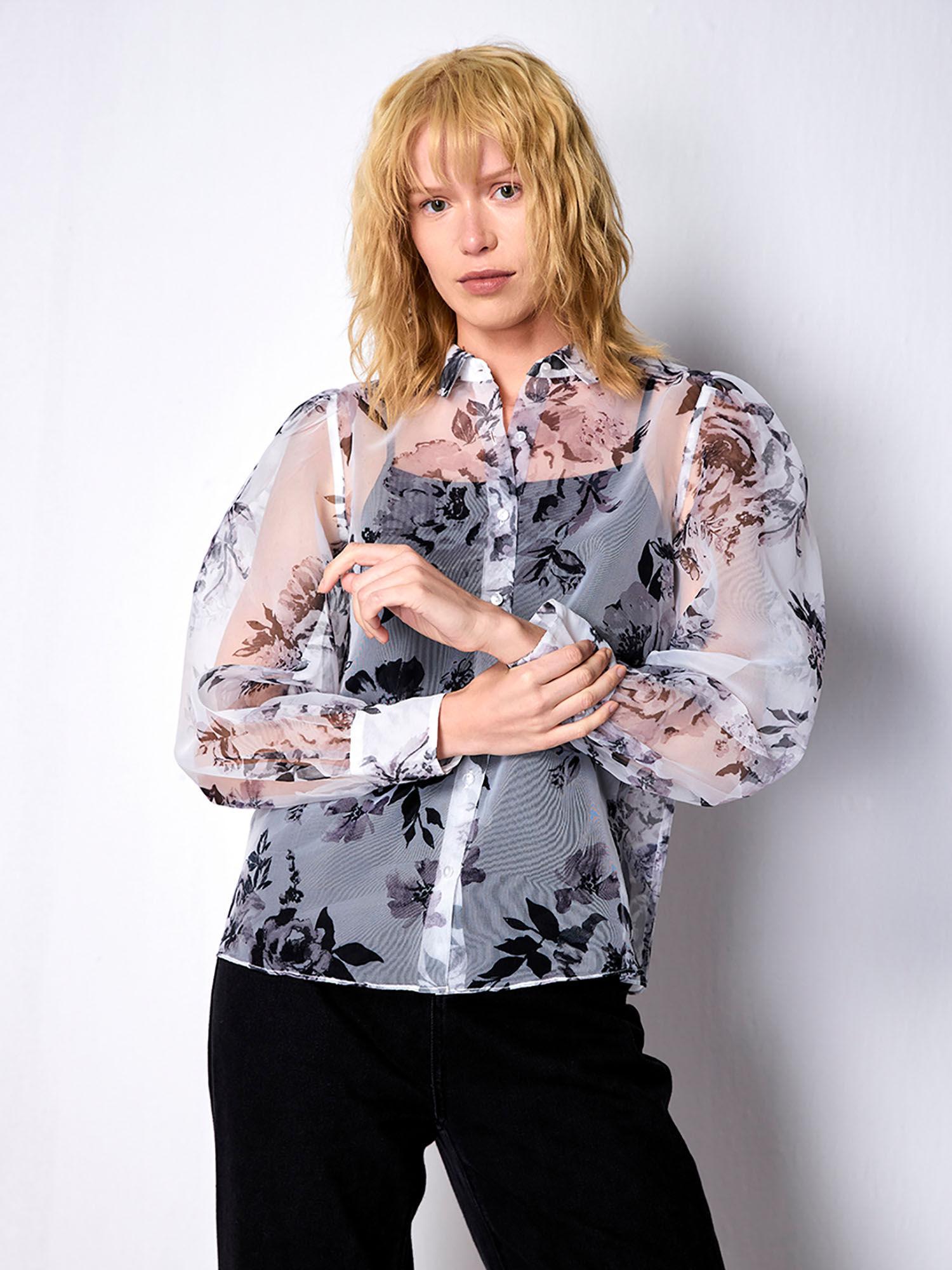 white floral print organza shirt