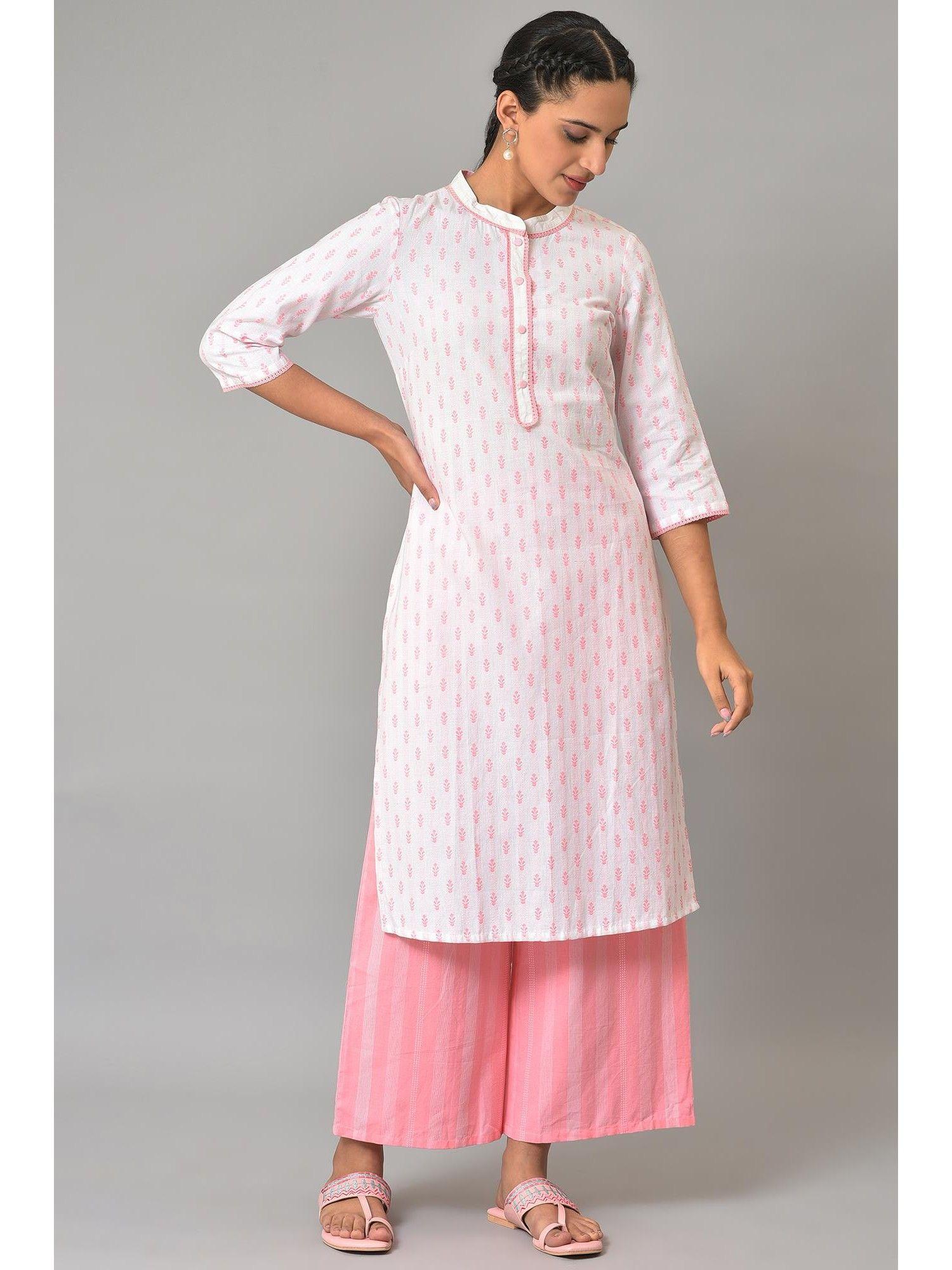 white floral print plus size kurta in band collar