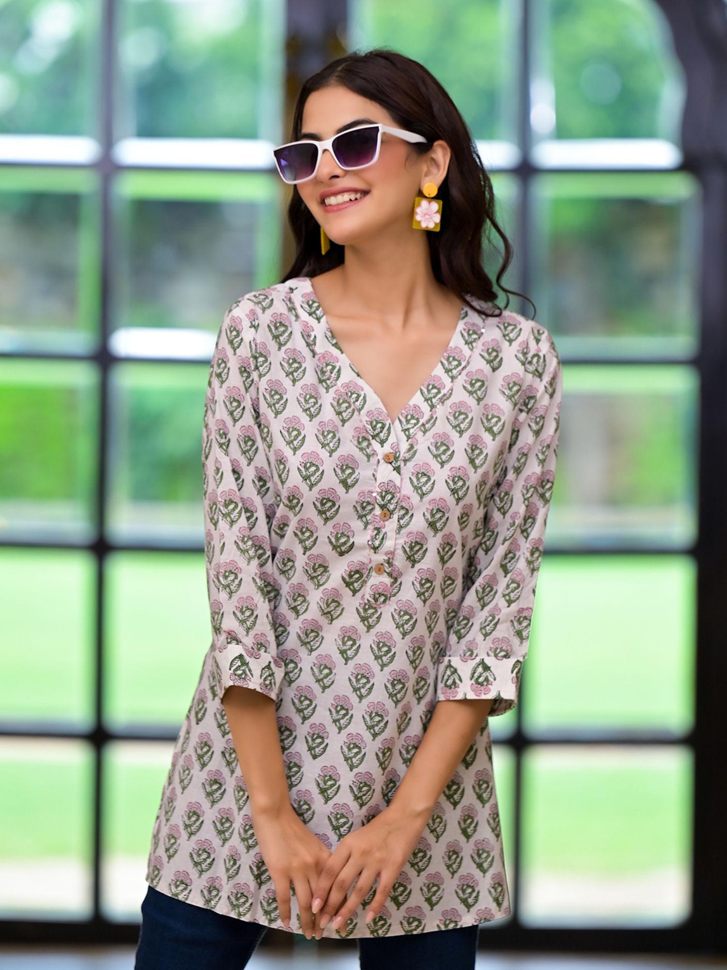 white floral print pure cotton a-line kurti